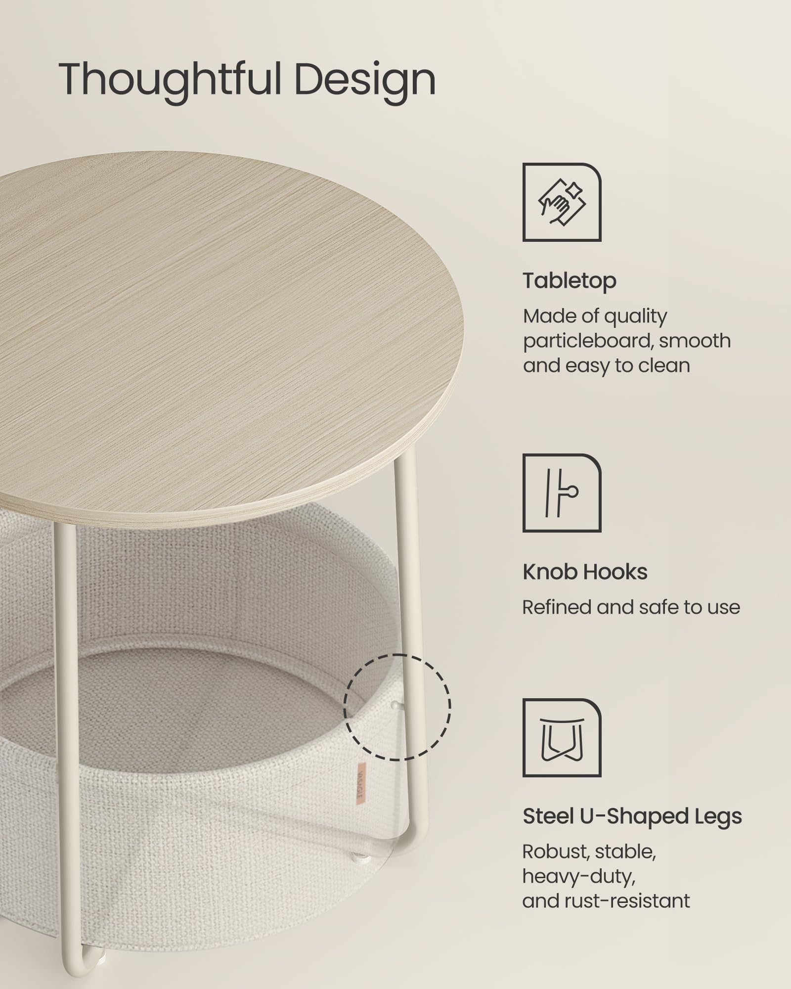 VASAGLE Round End Table with Fabric Basket | 45 x 50 cm | Cream White | Storage 5