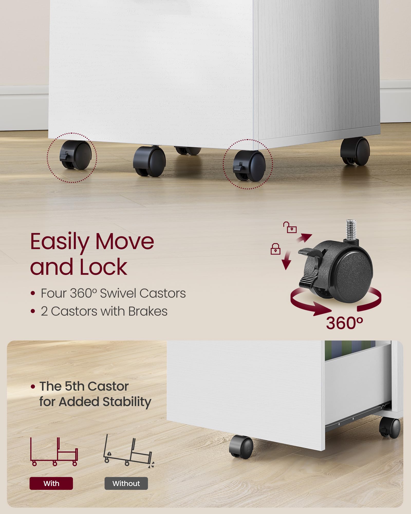 VASAGLE 2-Drawer Mobile File Cabinet - Rolling, Lockable, White | Fits A4/Letter Files 6