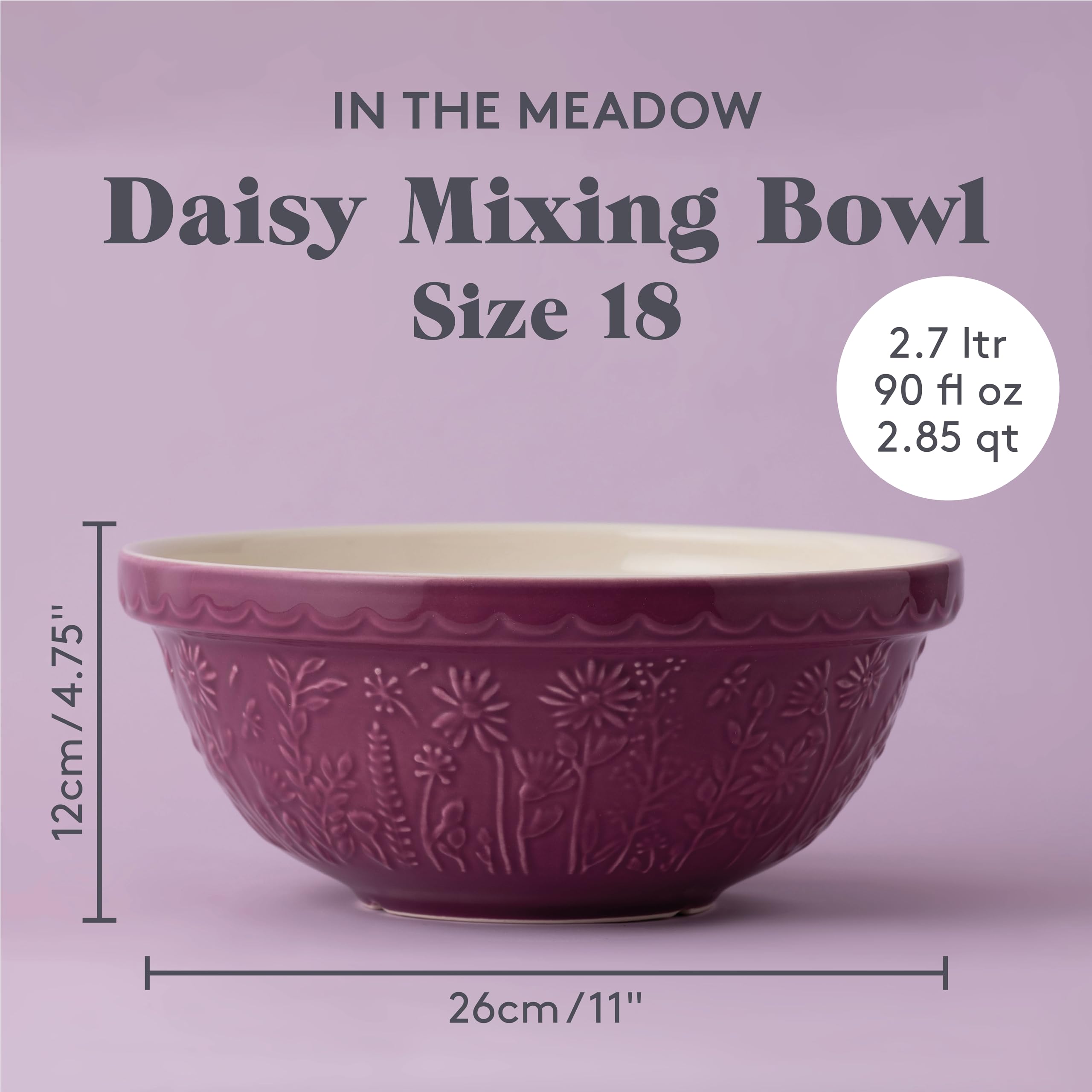 Mason Cash In The Meadow Size 18 Mixing Bowl - 2.7L Capacity | 26cm Diameter | Purple Earthenware 3