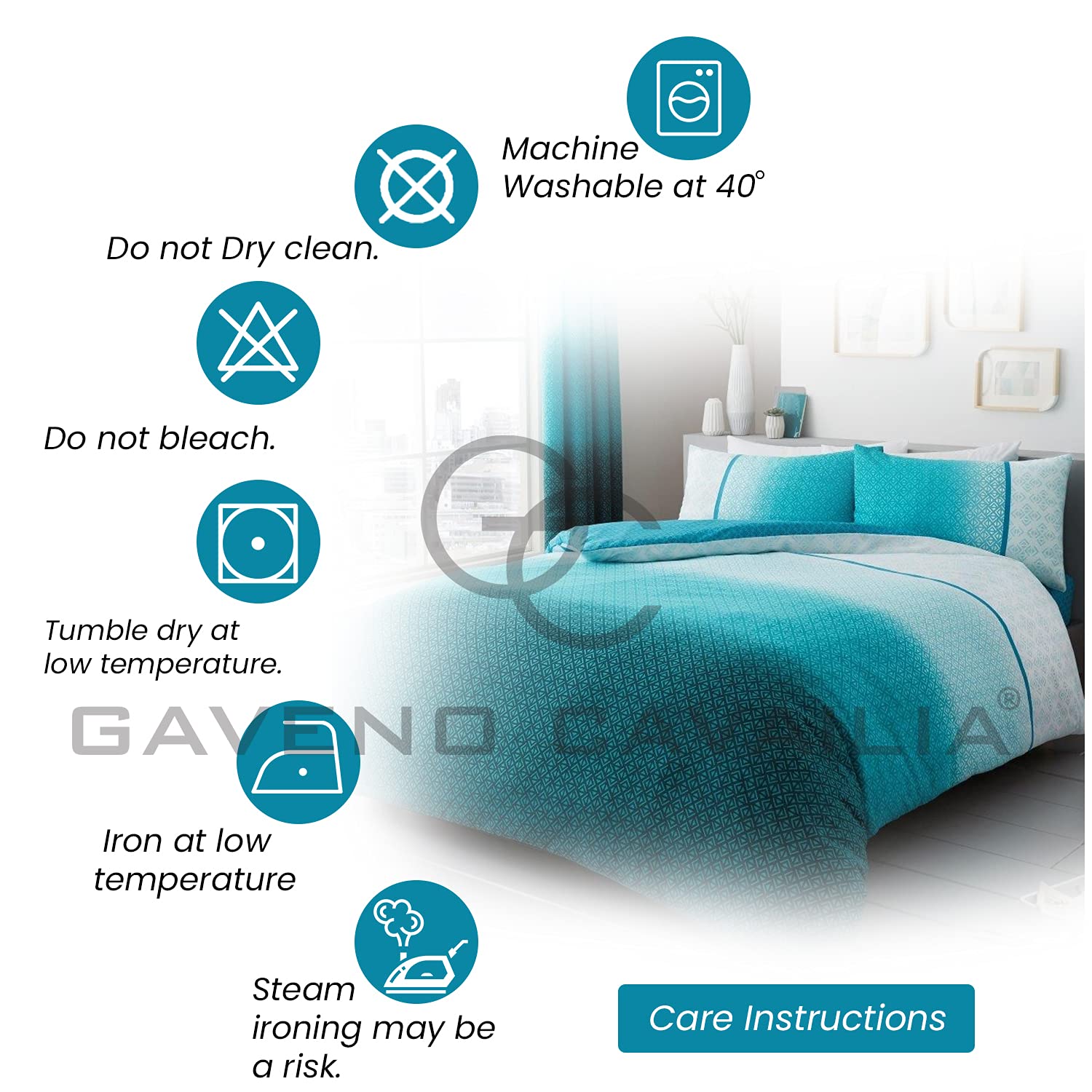GC GAVENO CAVAILIA Urban Ombre Teal Duvet Cover Set | King Size | 50% Cotton/50% Polyester | 3 Piece 4