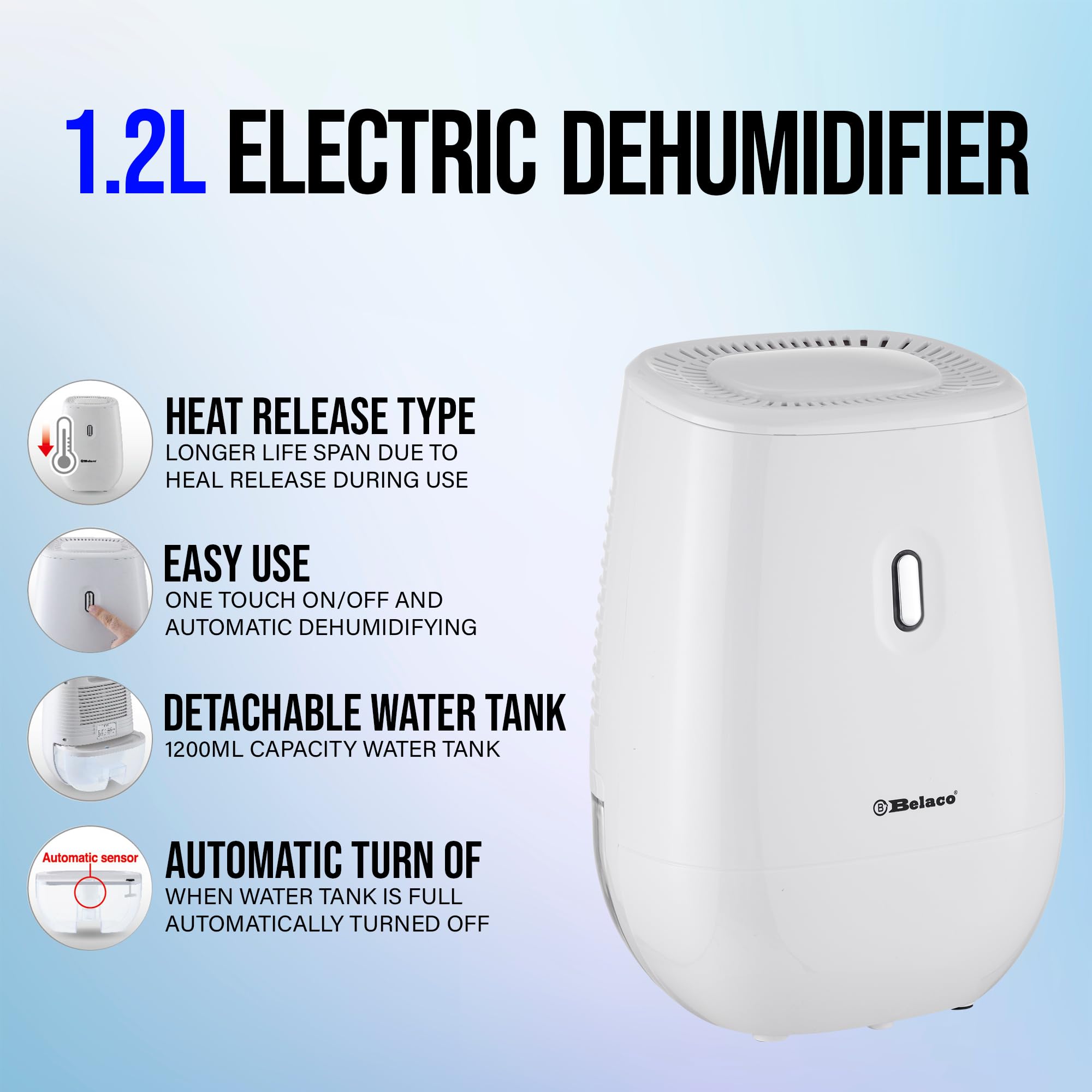 Belaco BDD01L Dehumidifier - 1200ML Tank | Ultra Quiet (<30dB) | Automatic Shutoff 3