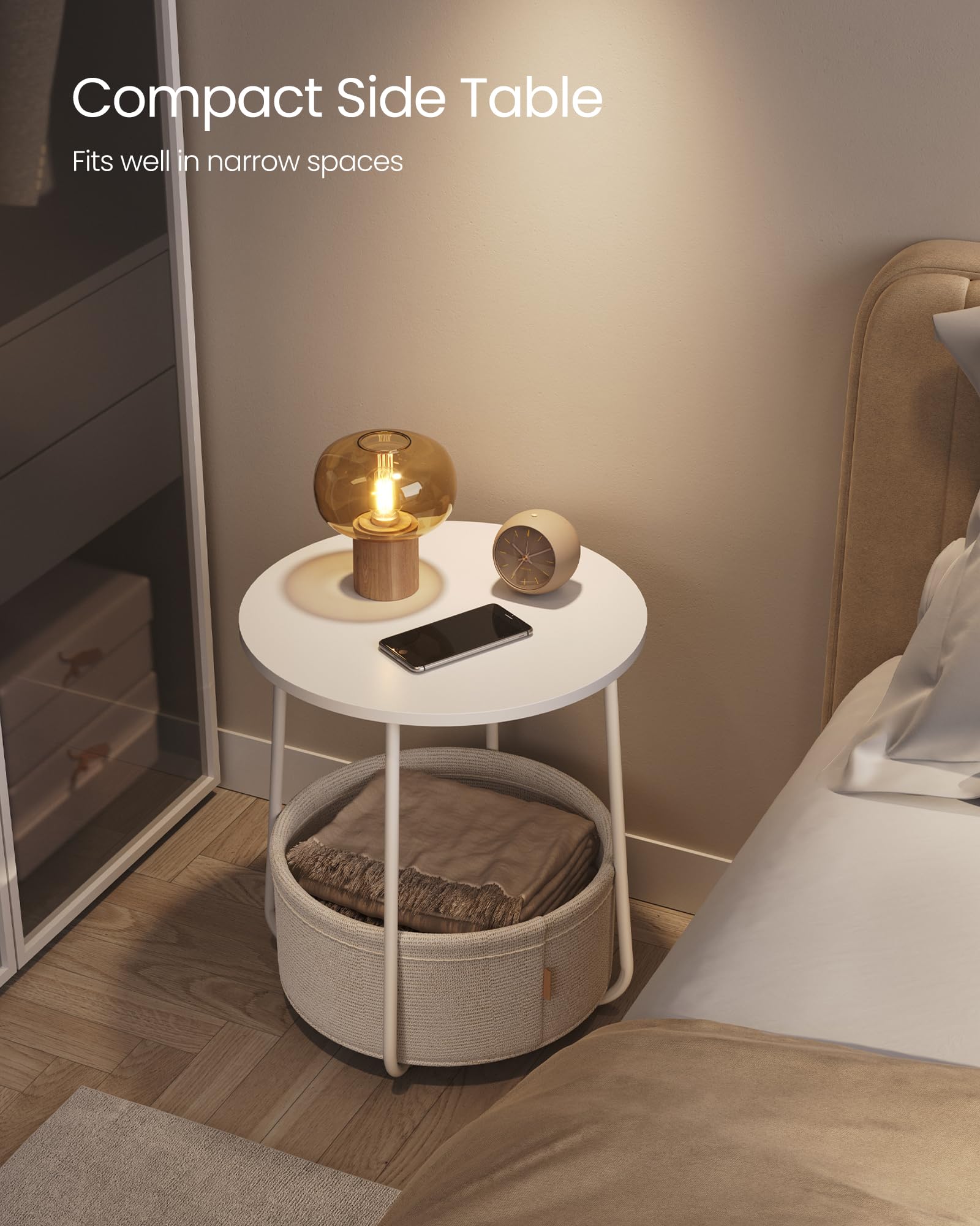 VASAGLE Round End Table - 45 cm Dia. Side Table with Beige Fabric Basket | Matte White Steel Frame 4