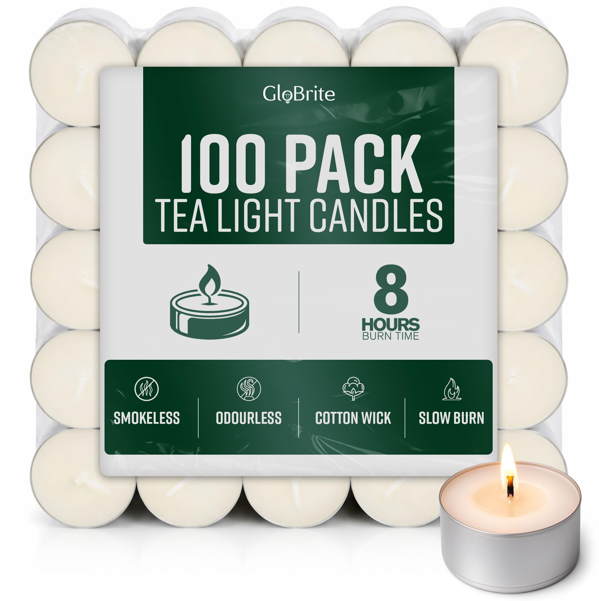 GloBrite Unscented Tea Lights - 8 Hour Burn Time | 100 Pack | White 1