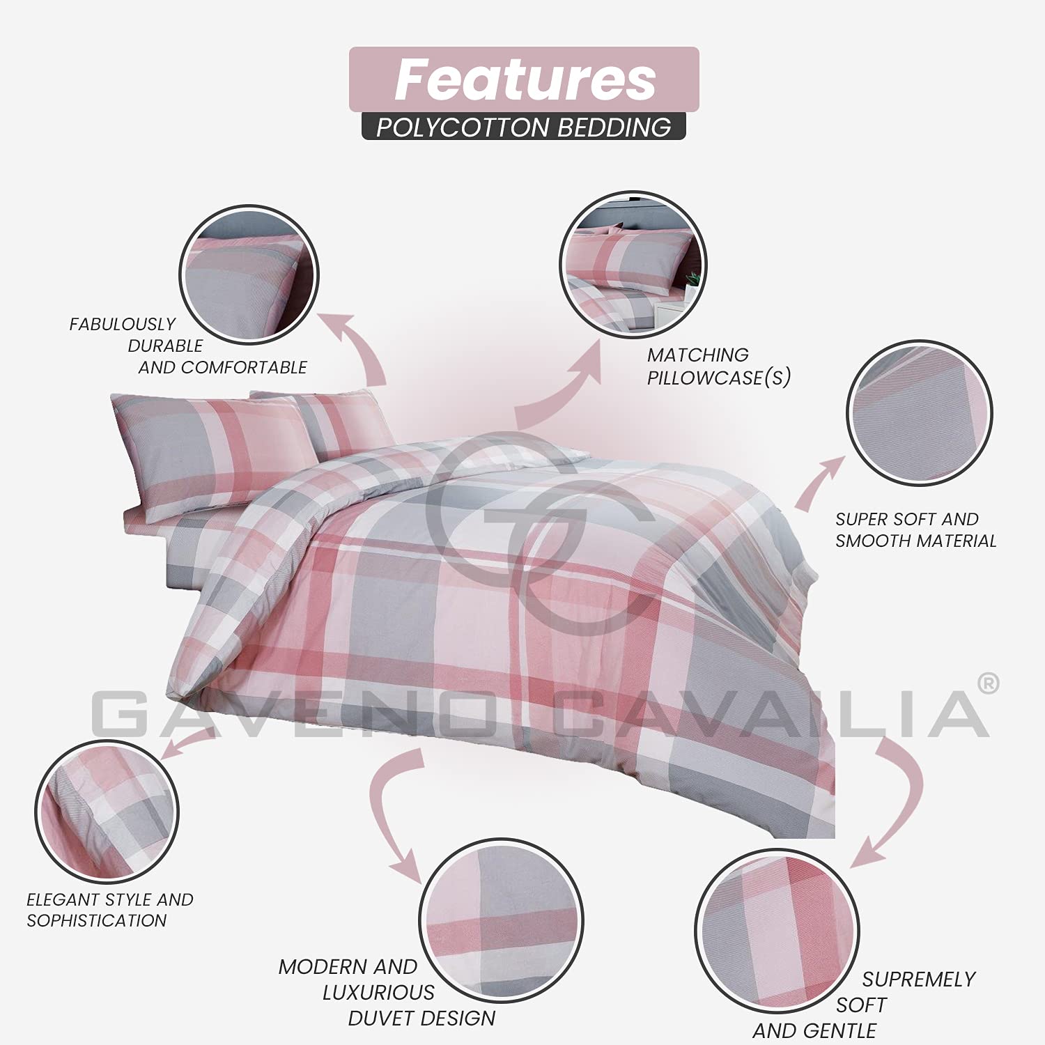 GC GAVENO CAVAILIA Checkered Duvet Cover Set | Double Size | Blush Pink | Polycotton Blend 2
