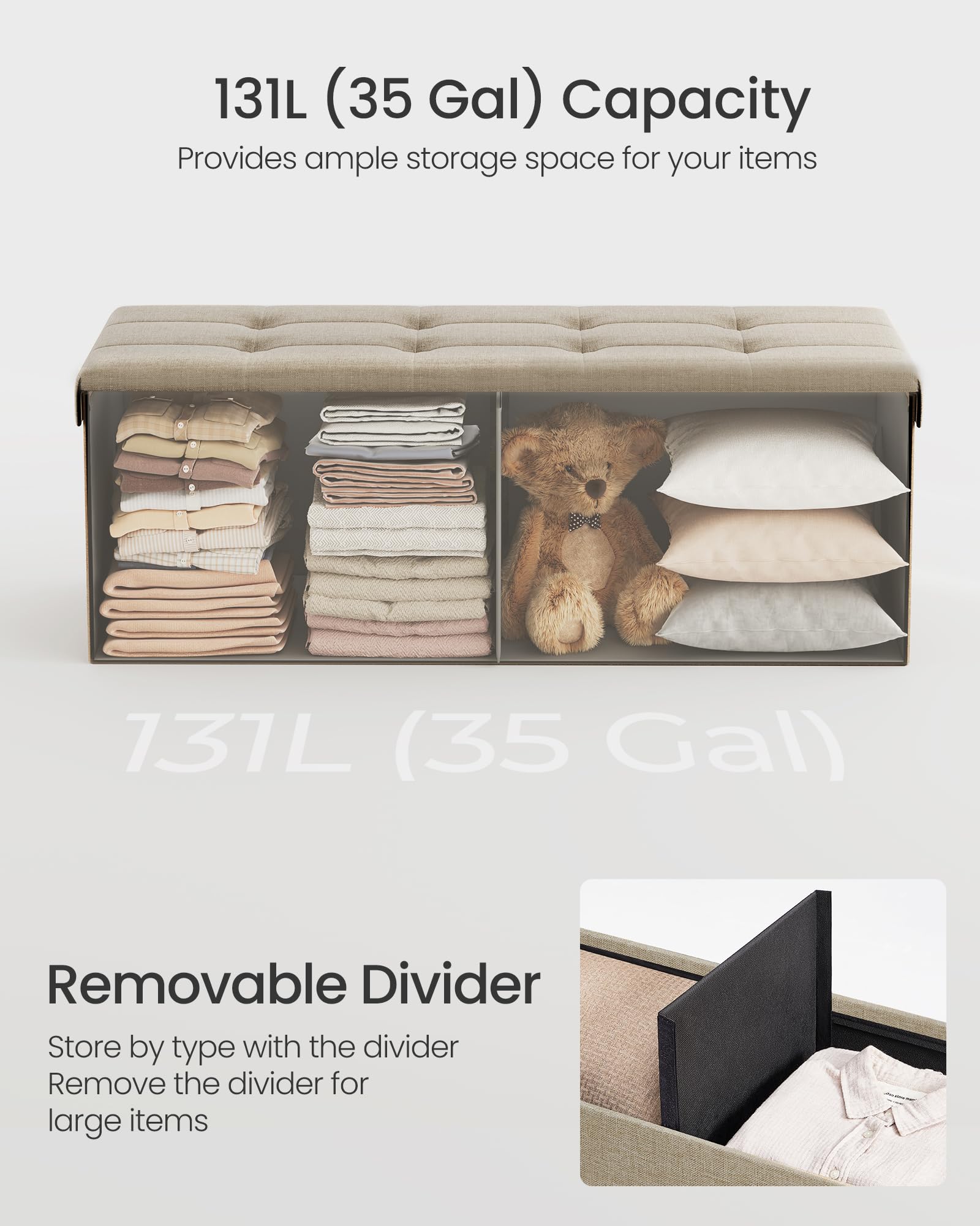 SONGMICS MAZIE Storage Ottoman Bench - 110 cm Folding Foot Rest | 131L Capacity | Camel Brown 5