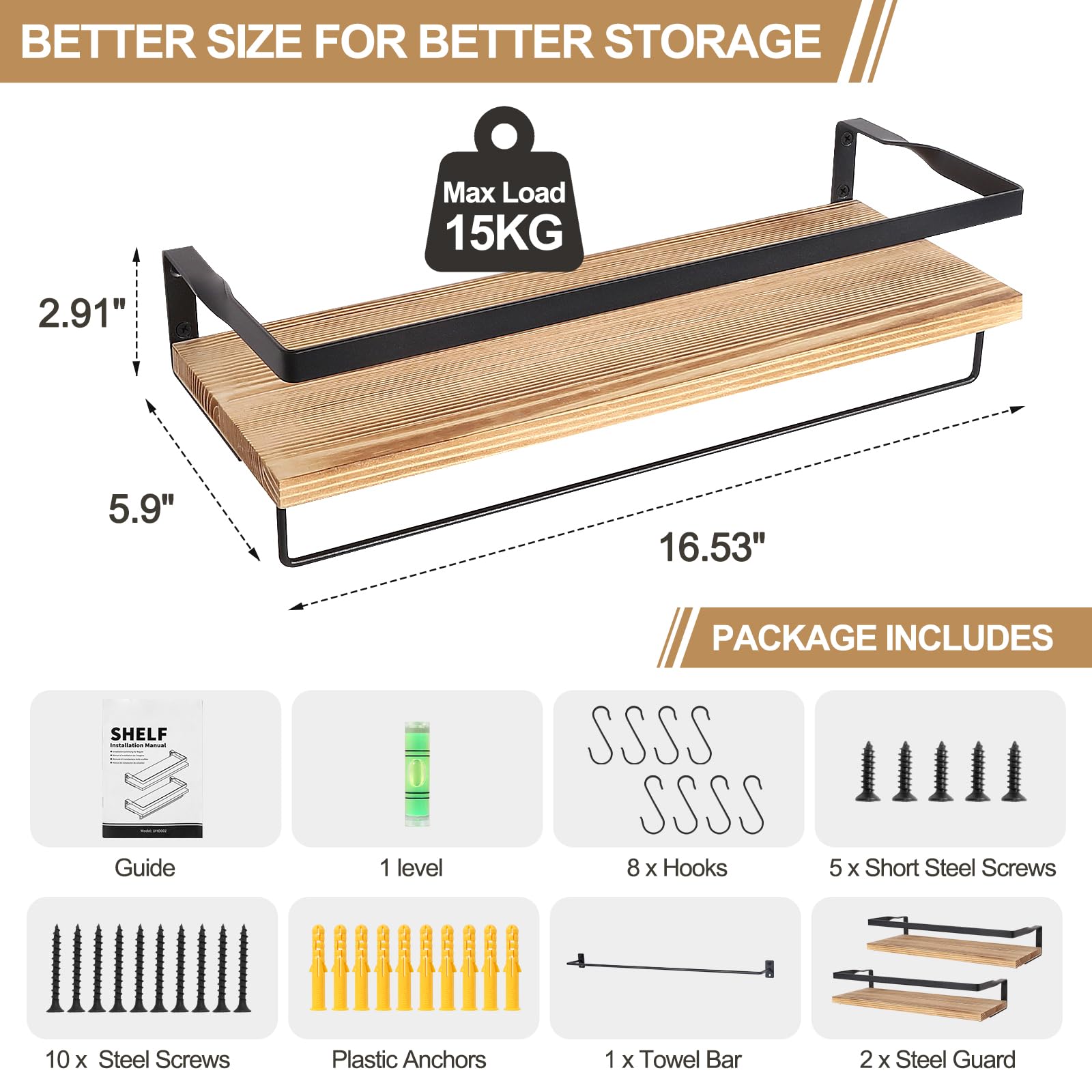 AGM Floating Shelves Wall Mounted Set of 2 Wooden Shelves for Kitchen/Bathroom Storage with Towel Bar & 8 S Hooks | Max Load 33lbs 3