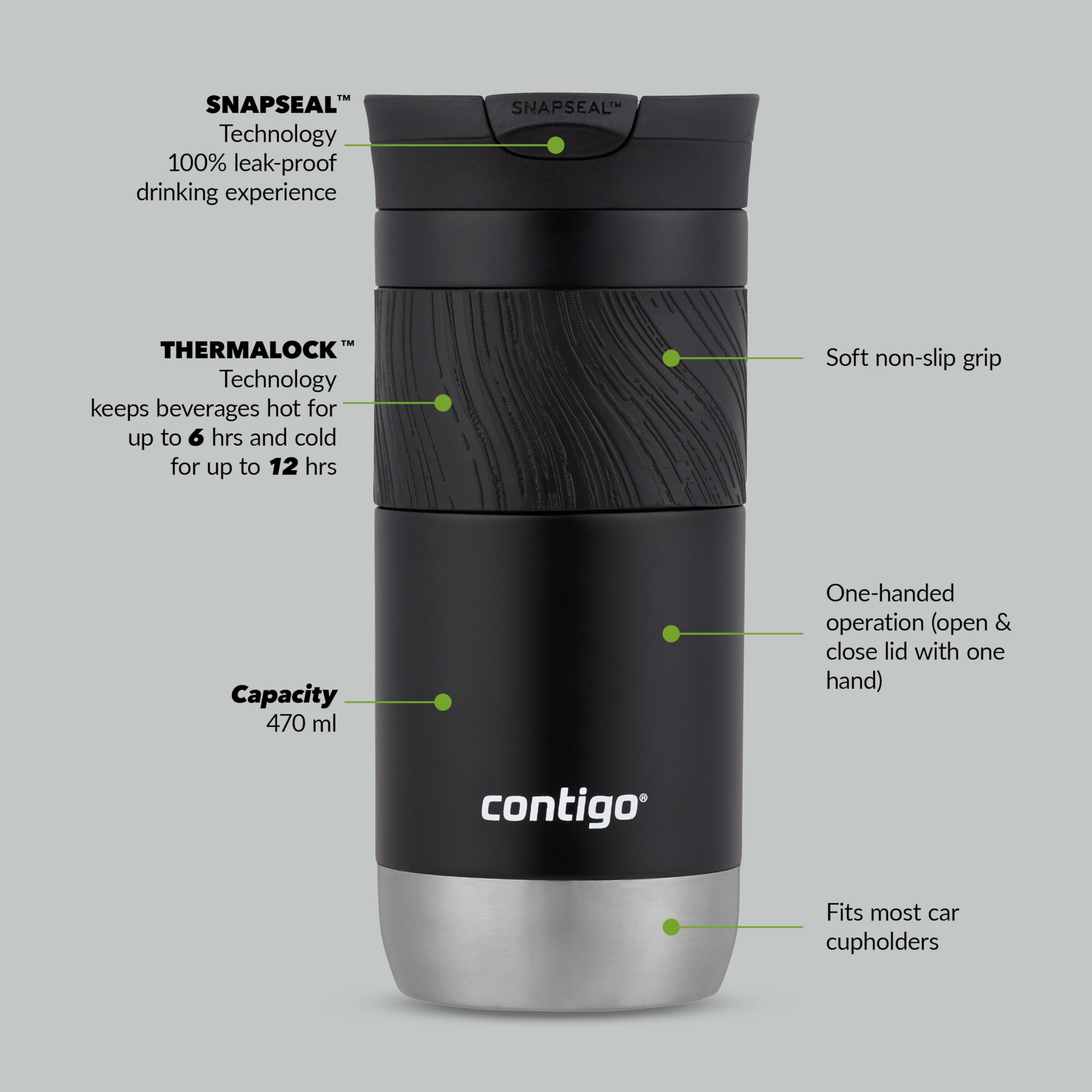 Contigo Byron Snapseal Travel Mug - 470 ml Stainless Steel Thermal Cup | Keeps Hot 7 Hrs | Licorice