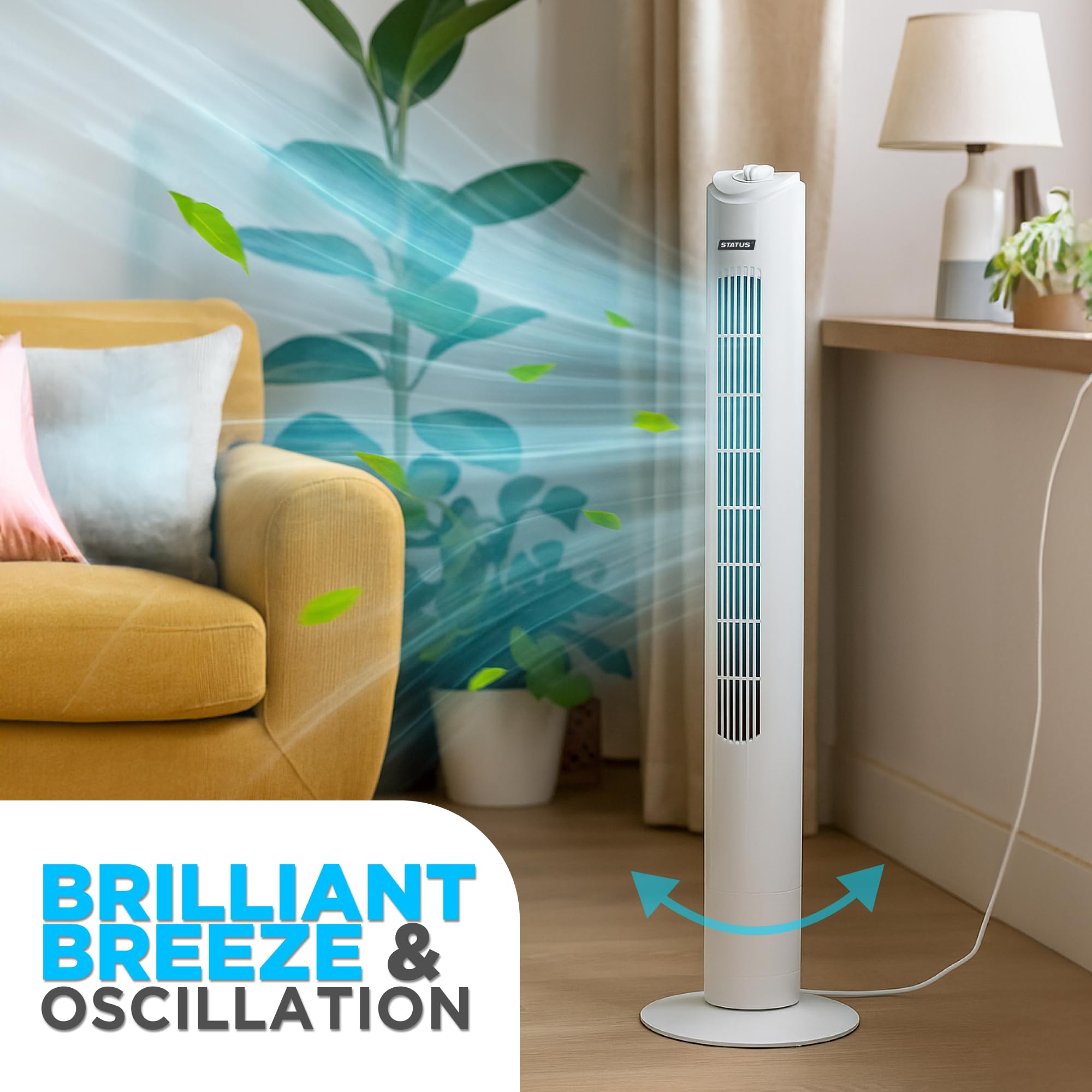 Status 29 Inch Portable Tower Fan - 3 Speed Oscillating Cooling | White Plastic 4