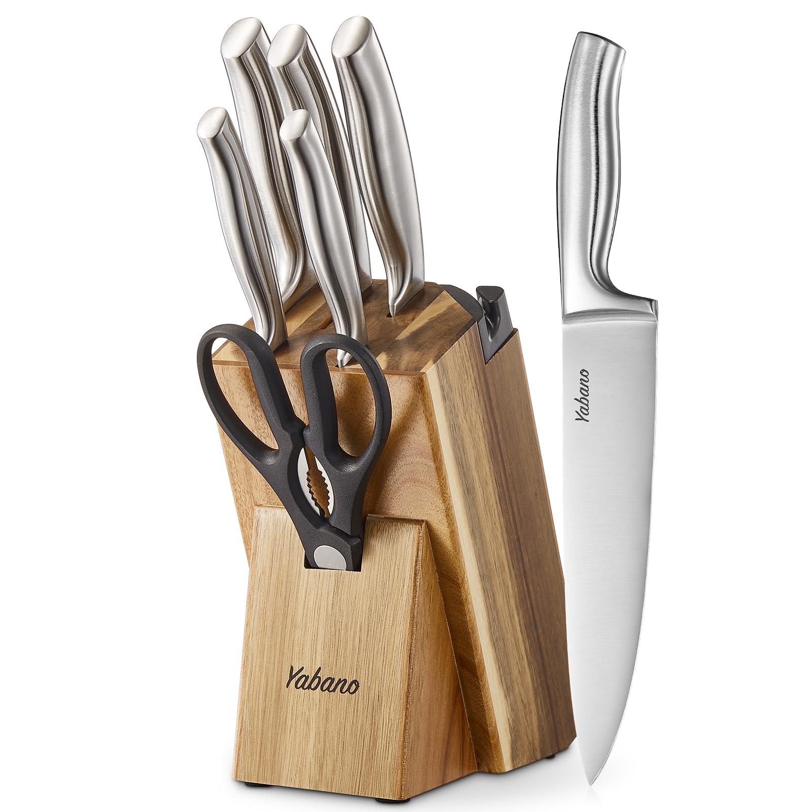 Yabano 7 Piece Kitchen Knife Set with Block | German Stainless Steel | Full-Tang