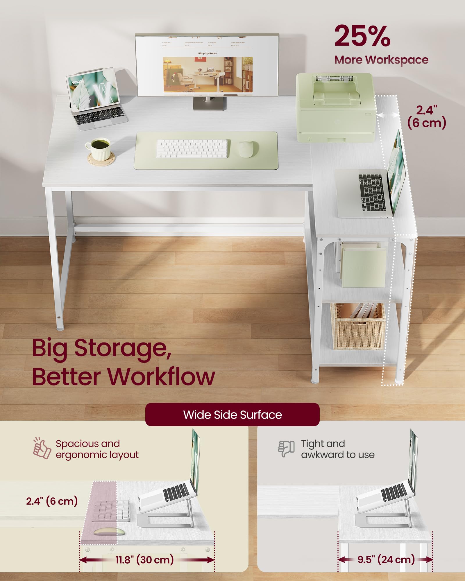 VASAGLE L-Shaped Corner Desk with Reversible Storage | Maple White | 120 x 80 cm 4