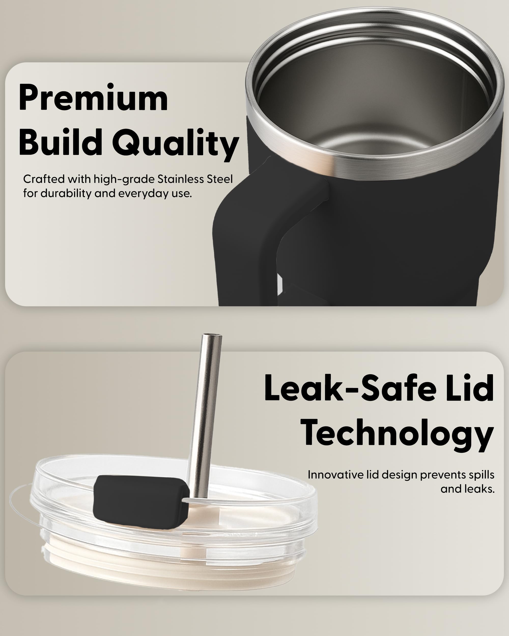 KEPLIN 40 oz / 1200 ml Insulated Travel Tumbler - Double Wall Stainless Steel | Black 9