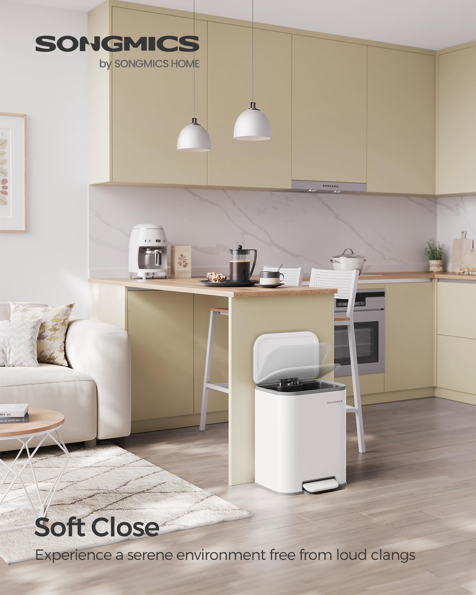 SONGMICS 20L Kitchen Pedal Bin - Soft-Close Lid, Cloud White Steel Trash Bin 3