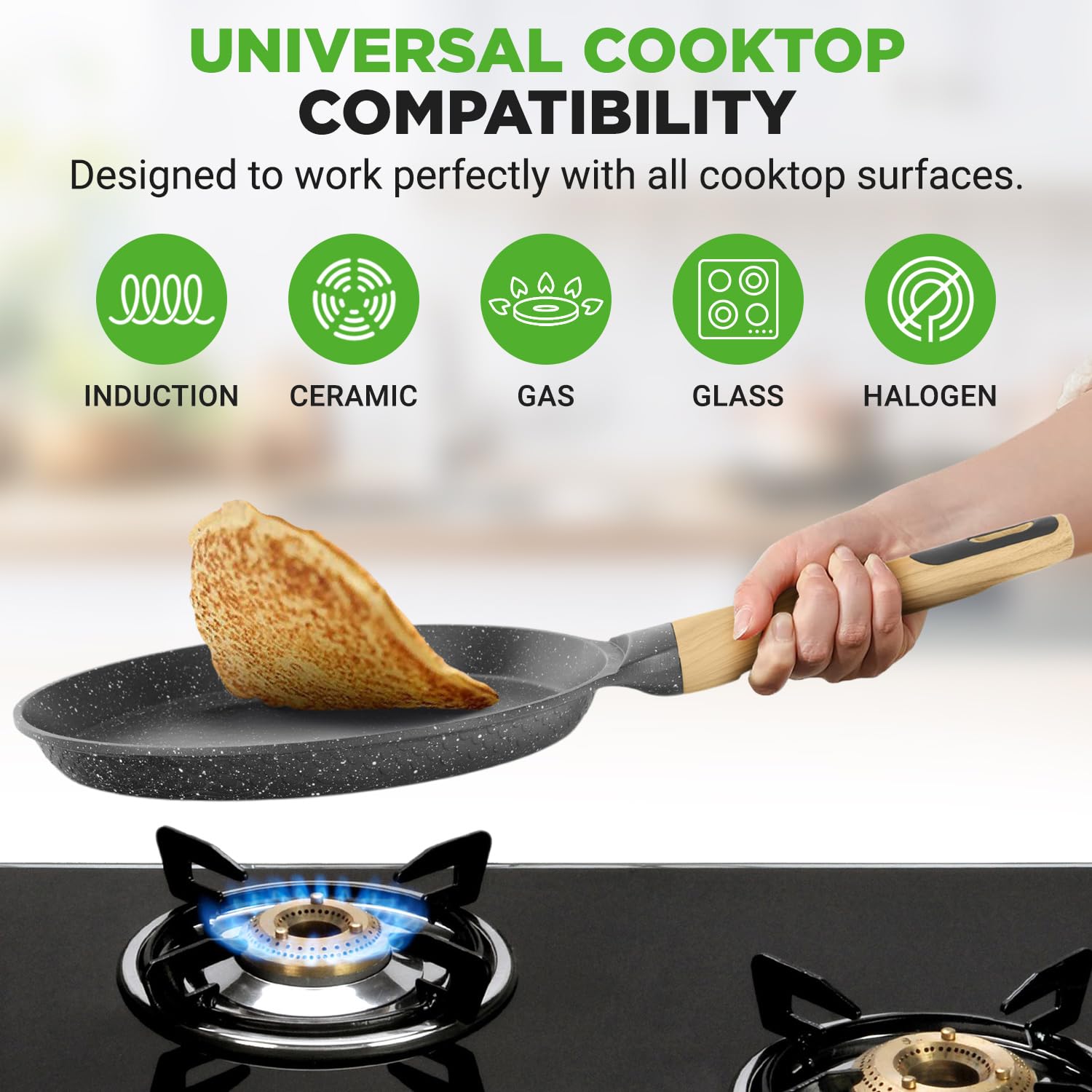Nutrichef 28cm Non-Stick Marble Coated Crepe Pan with Wooden Spreader | Induction Ready 5