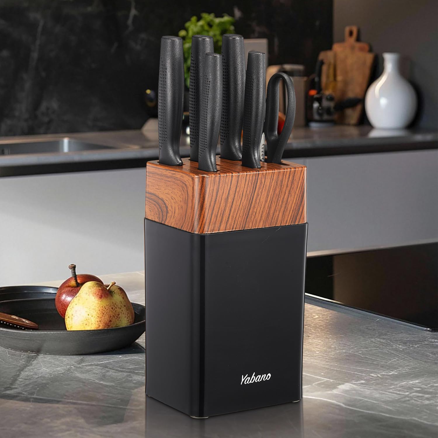 Yabano 7 Piece Kitchen Knife Set with Built-in Sharpener Block | Stainless Steel | Black 8