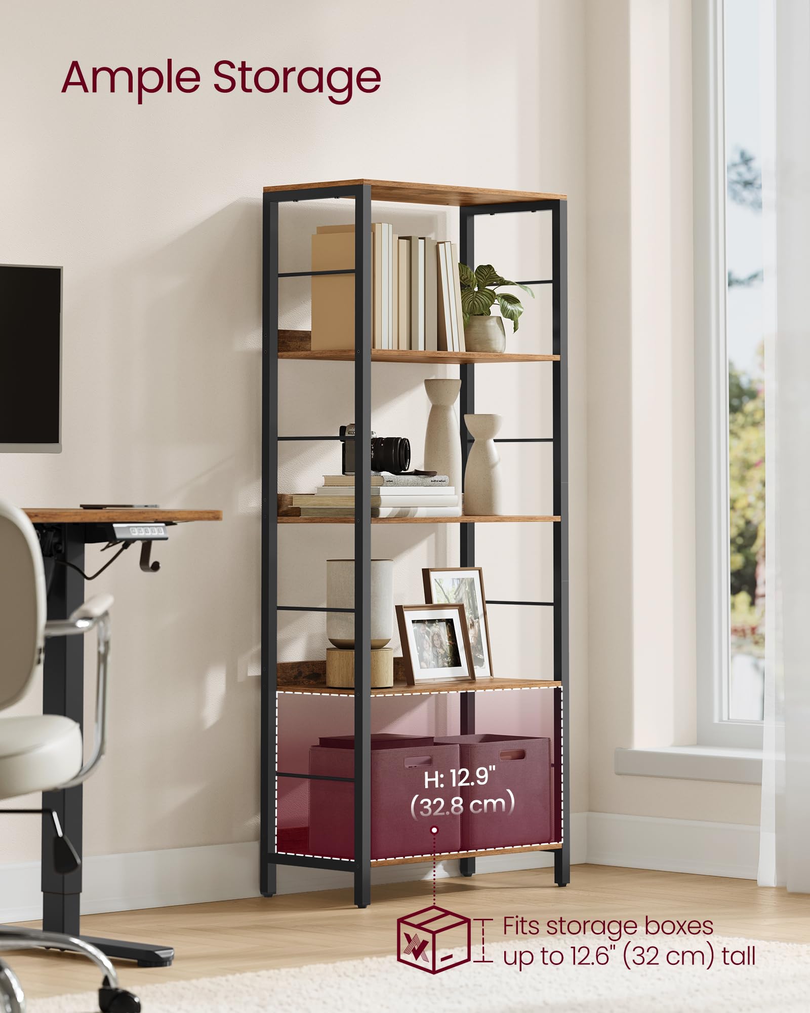 VASAGLE 5-Tier Bookcase - Rustic Brown/Ink Black | 30 x 60 x 144 cm | Supports 37 kg per Shelf 4