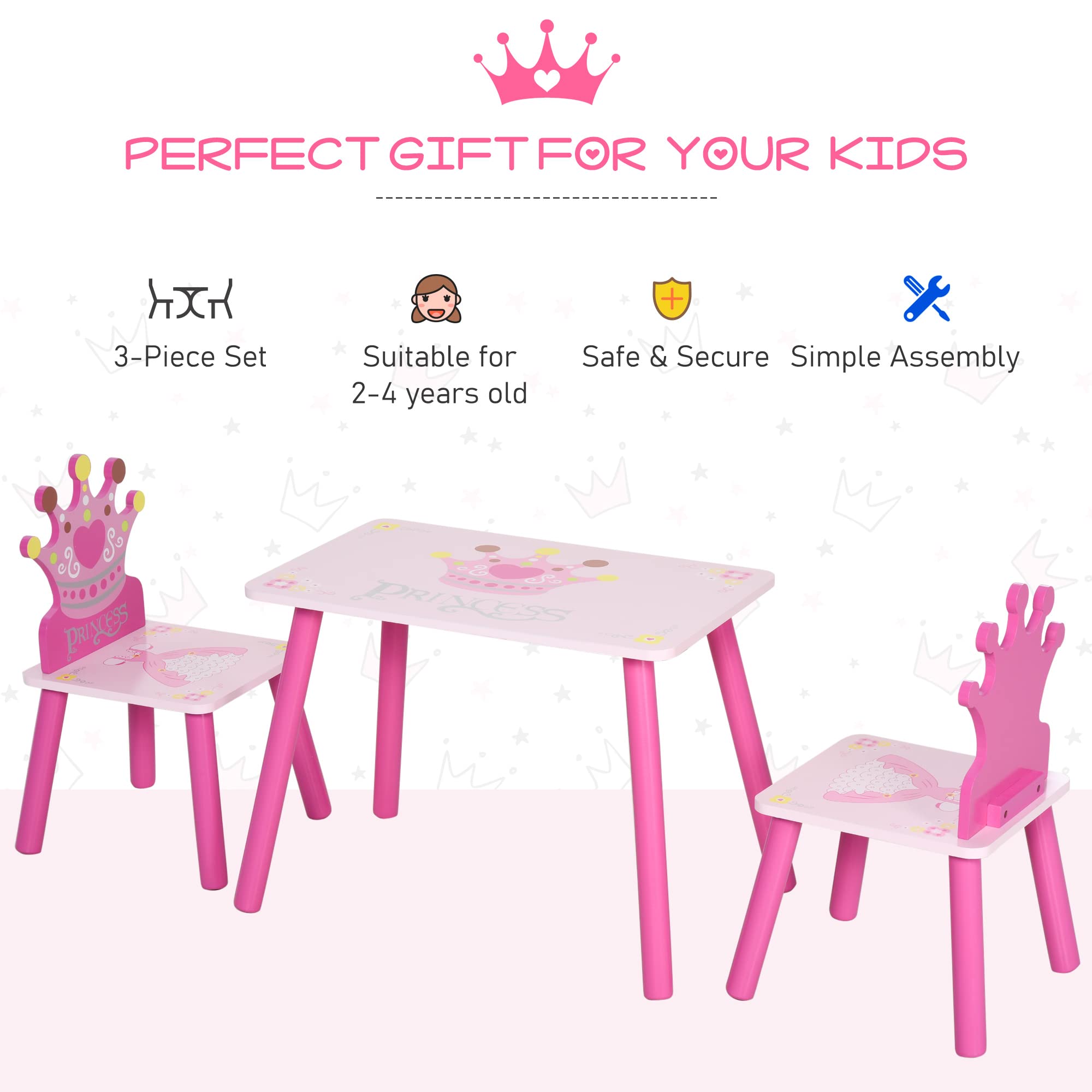 HOMCOM 3 Pc Kids Table and Chair Set - Princess & Crown Theme | MDF & Pine Wood | Pink 5