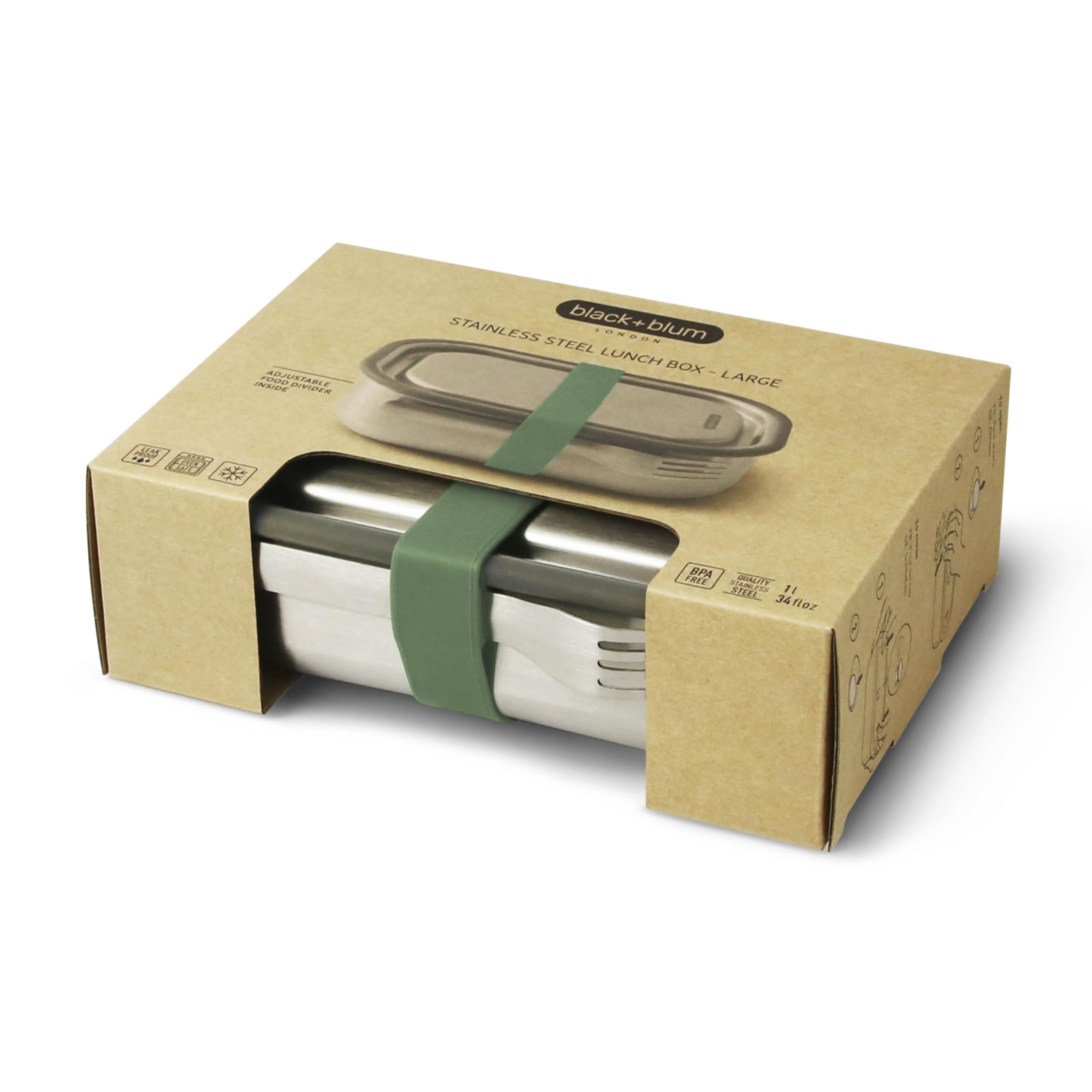 BLACK + BLUM Stainless Steel Lunch Box - Leak Proof 3-in-1 Bento Box with Divider | Olive 9
