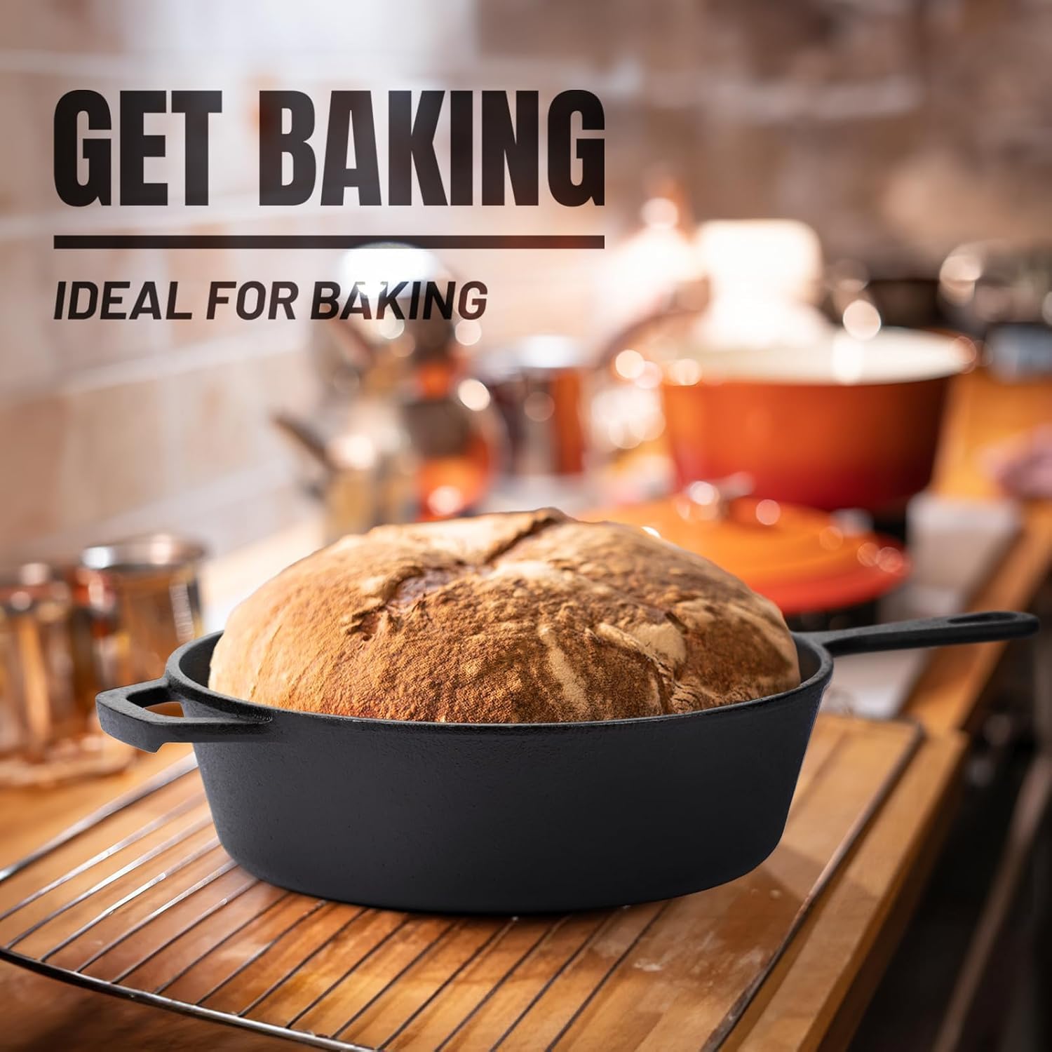 OVERMONT Cast Iron Dutch Oven with Lid - 3L Capacity, 26CM Diameter, Pre-Seasoned 2