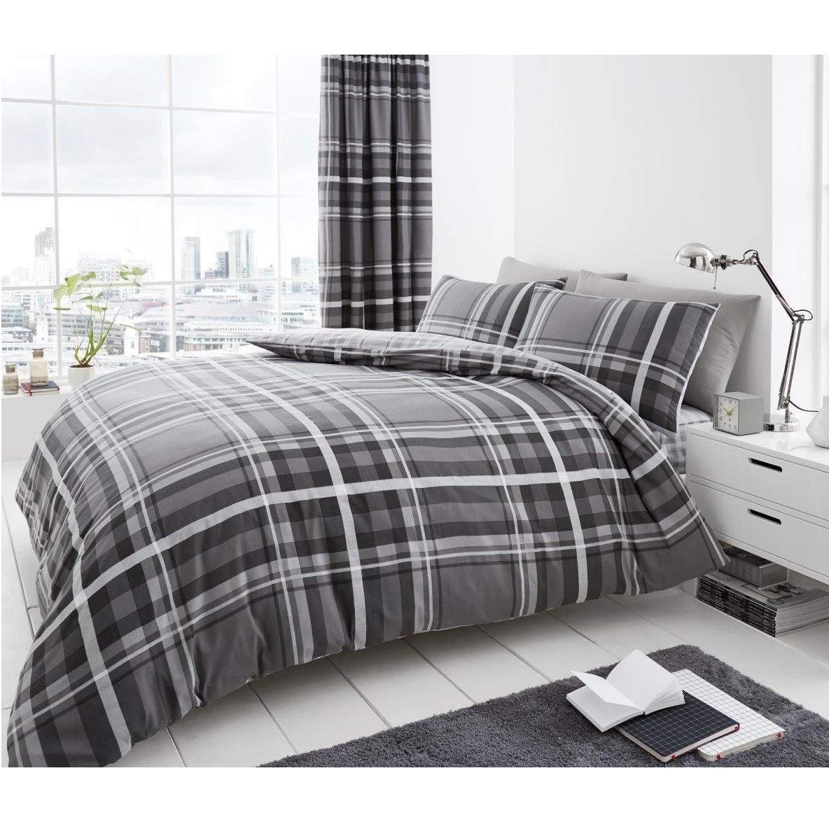 GC GAVENO CAVAILIA Newton Tartan Check Double Duvet Cover Set | 50% Cotton, 50% Polyester | Grey 1
