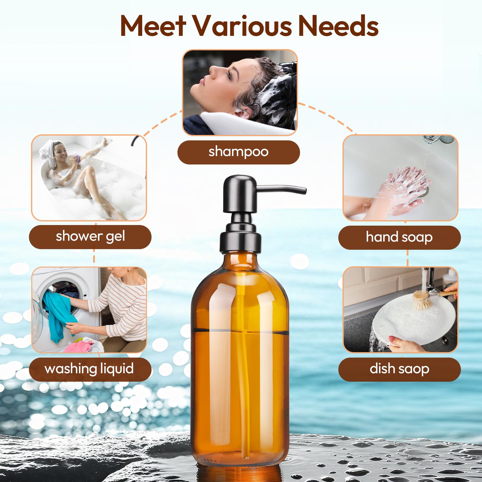 Euqvunn 500ml Amber Glass Soap Dispenser - 2 Pack Refillable Pump Bottles with Stainless Steel Pump 5
