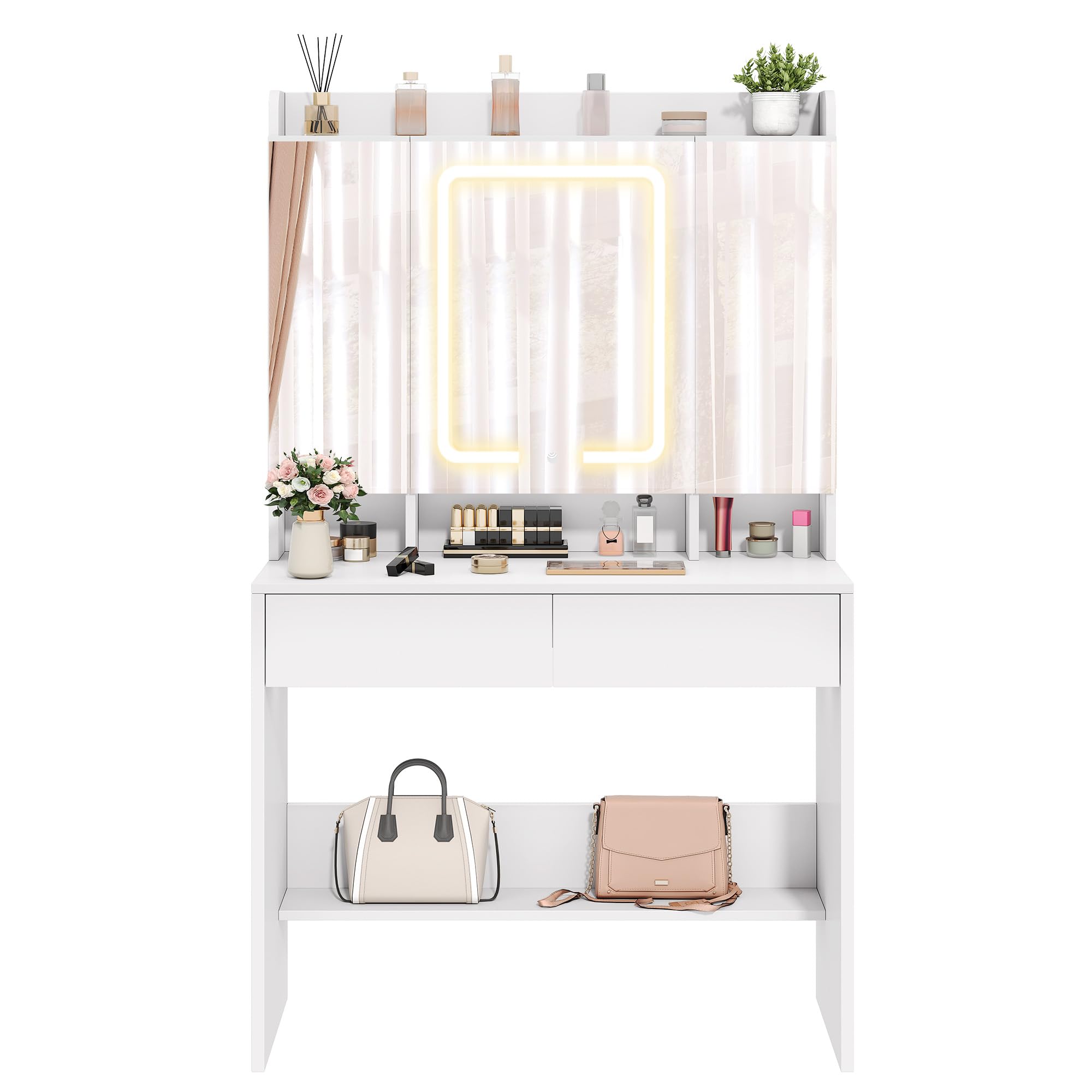YITAHOME Dressing Table with Tri-Fold Mirror & LED Lights | White | 90 x 145 x 40 cm 7