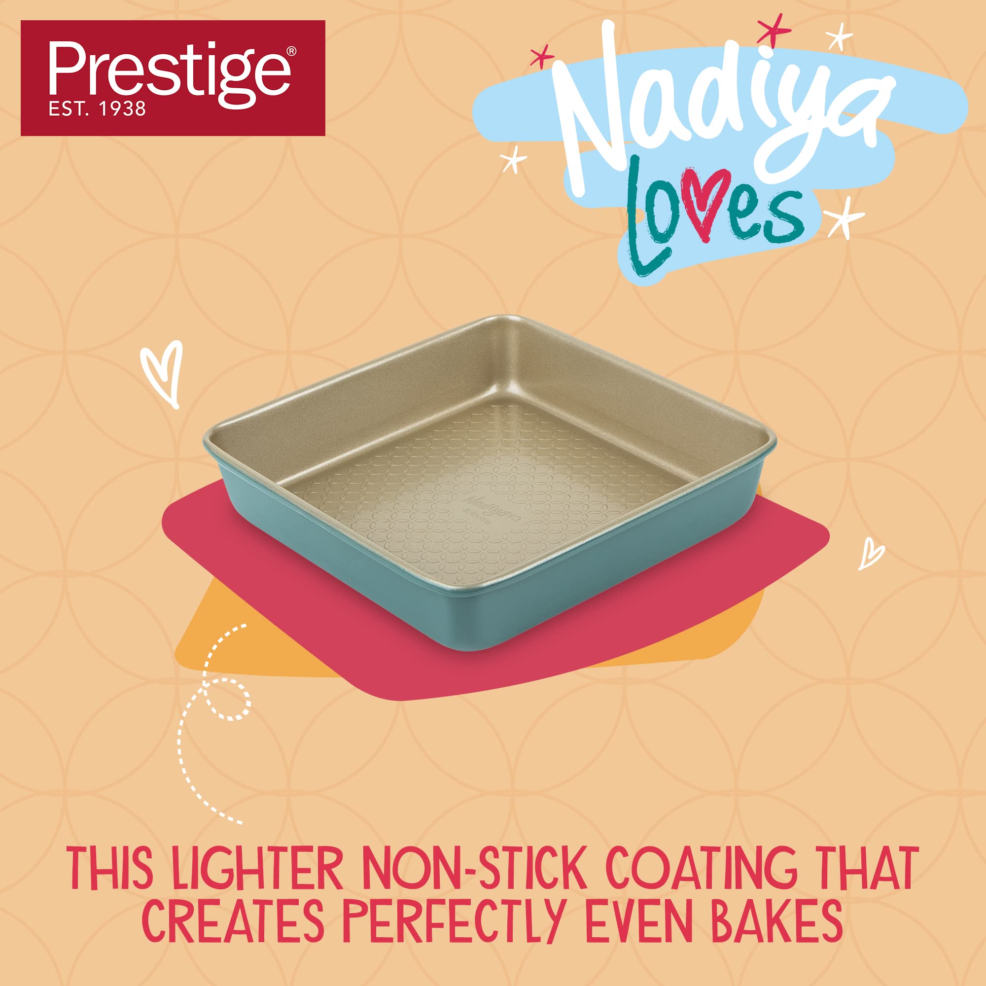 Prestige x Nadiya Square Cake Tin for Baking - 9 Inch, Non-Stick Carbon Steel, Teal & Gold 5