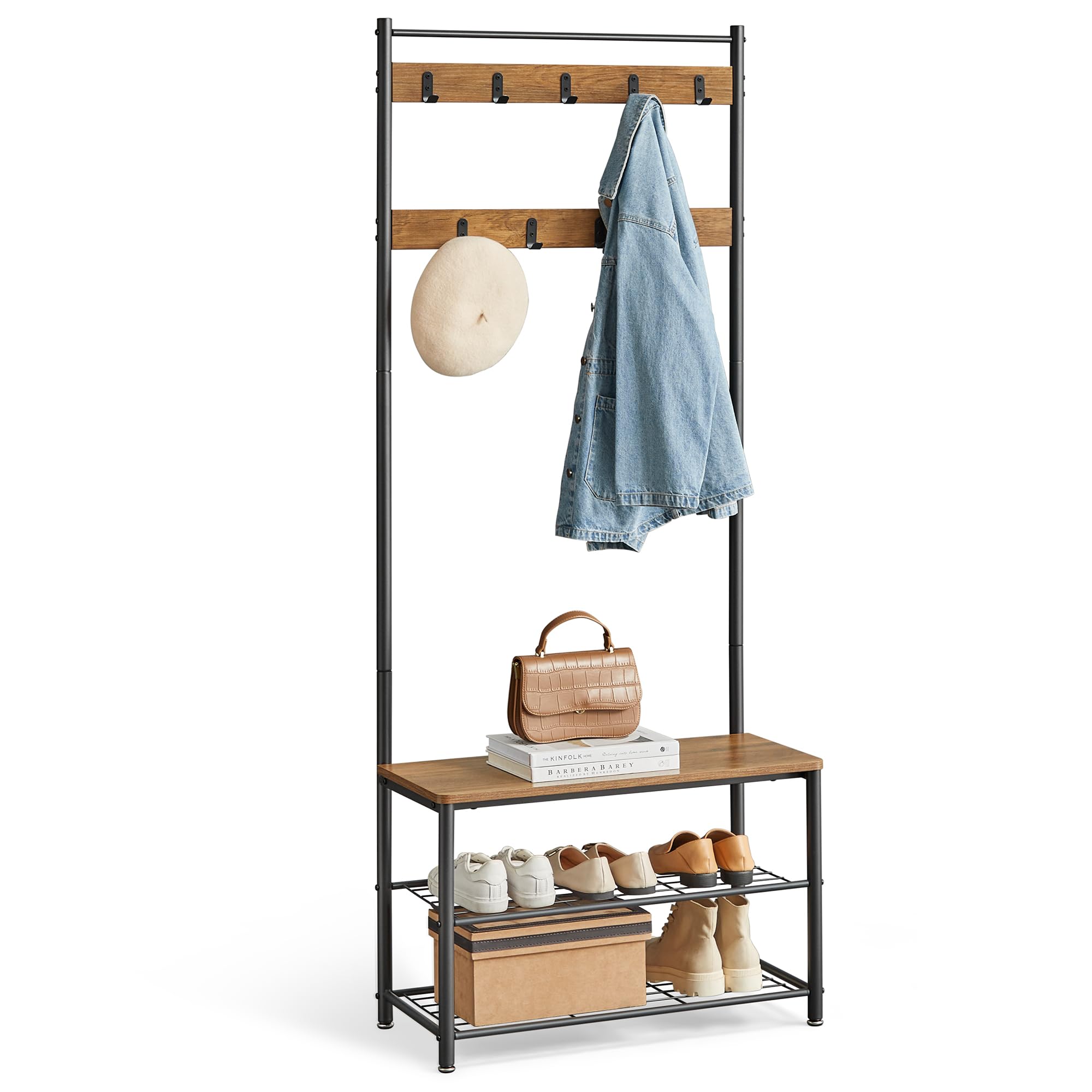 VASAGLE Hallway Storage Coat Rack with Shoe Bench | 9 Hooks | Chestnut Brown + Black