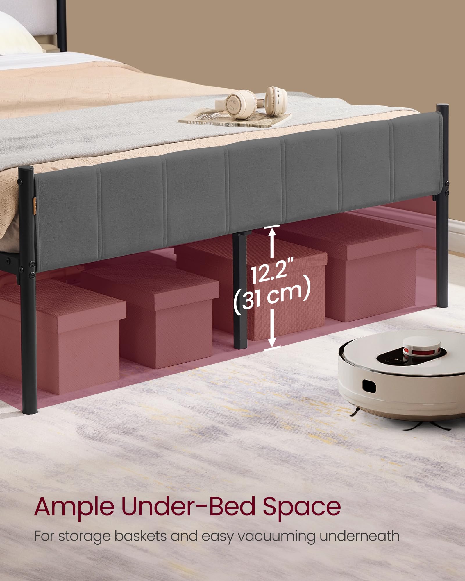 VASAGLE Double Bed Frame 135 x 190 cm with Upholstered Headboard | Noise Resistant | Slate Grey 7