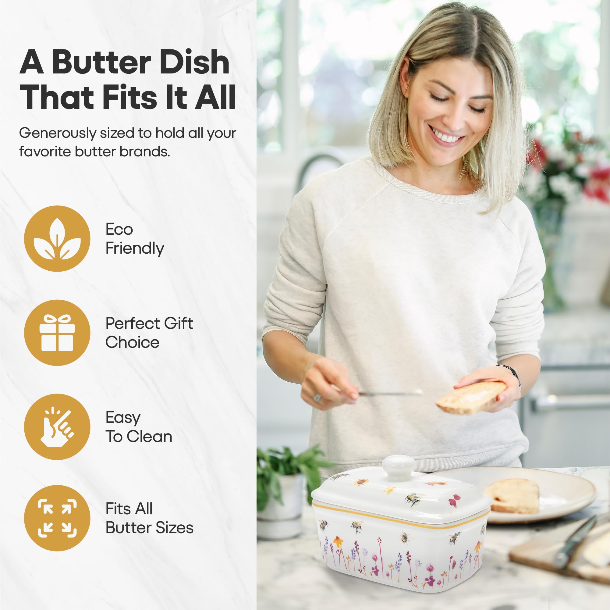 The Leonardo Collection Jennifer Rose Busy Bees Ceramic Butter Dish with Lid | 170x90x100mm | Dishwasher Safe 6