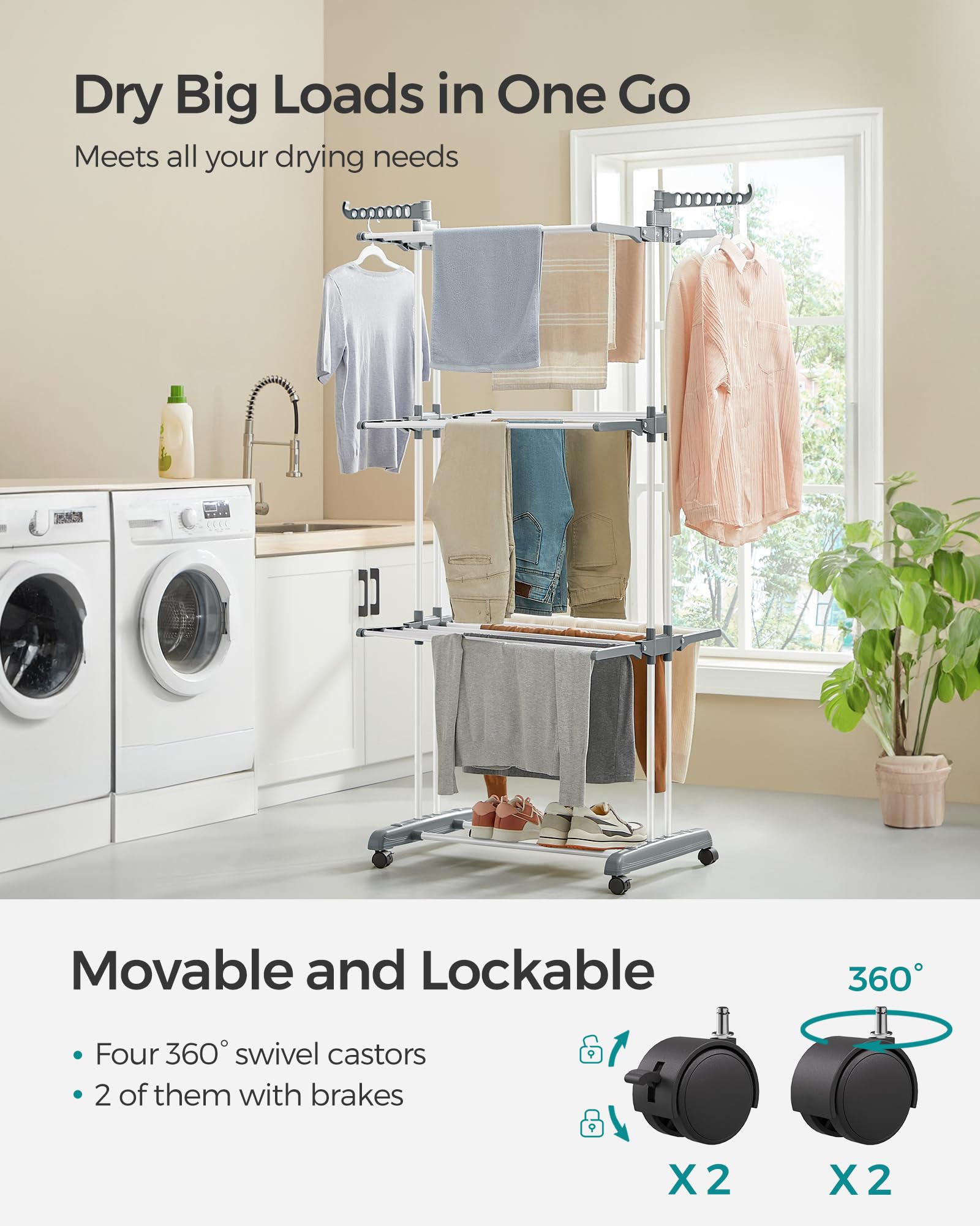 SONGMICS Large Clothes Drying Rack - 4-Tier Foldable Airer | 35kg Capacity | Stainless Steel & Plastic 3