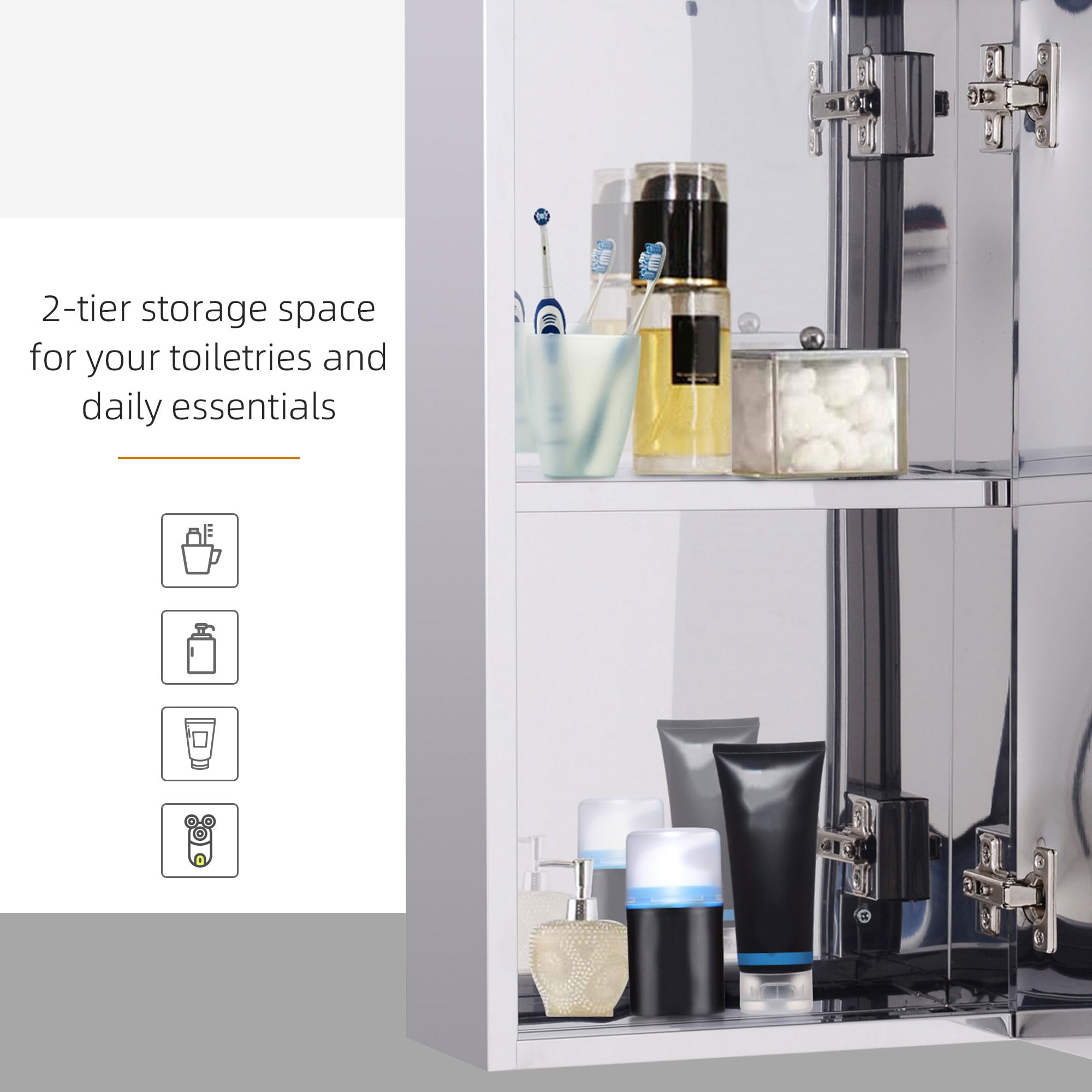 HOMCOM Stainless Steel Wall-mounted Bathroom Mirror Storage Cabinet | 55cm H x 30cm W | Silver 5