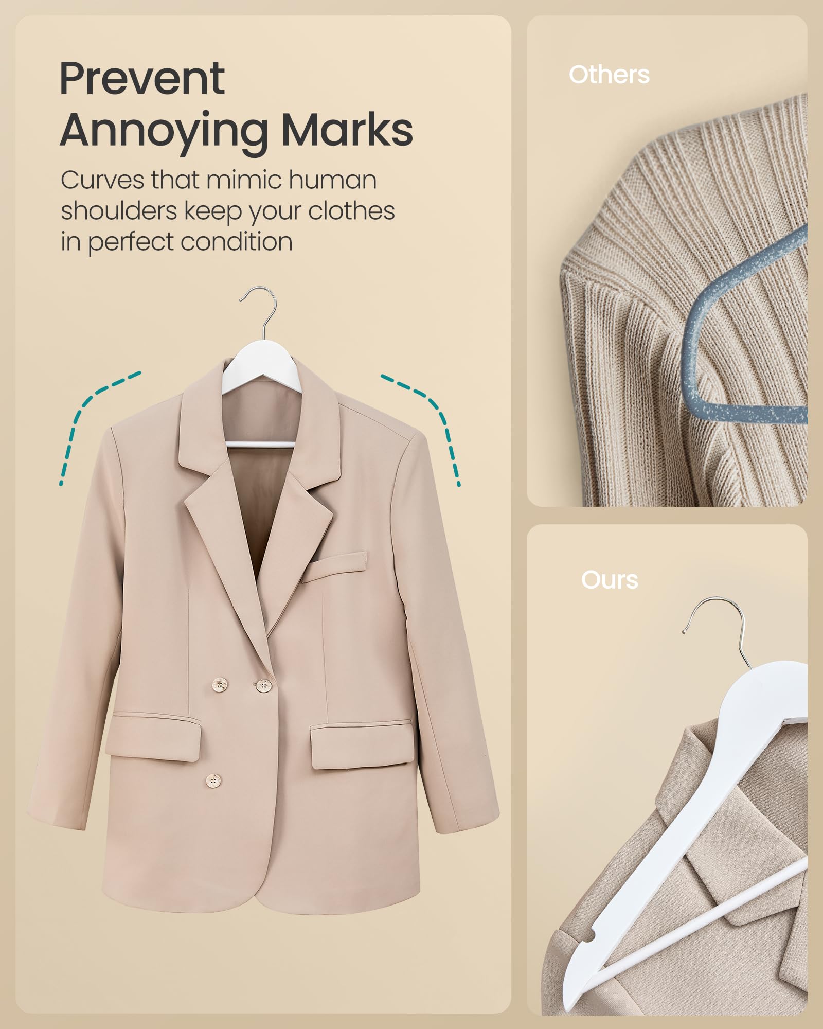 SONGMICS Wooden Hangers - 10 Pack Coat Hangers with Pants Bar | 5kg Capacity | Cloud White 5