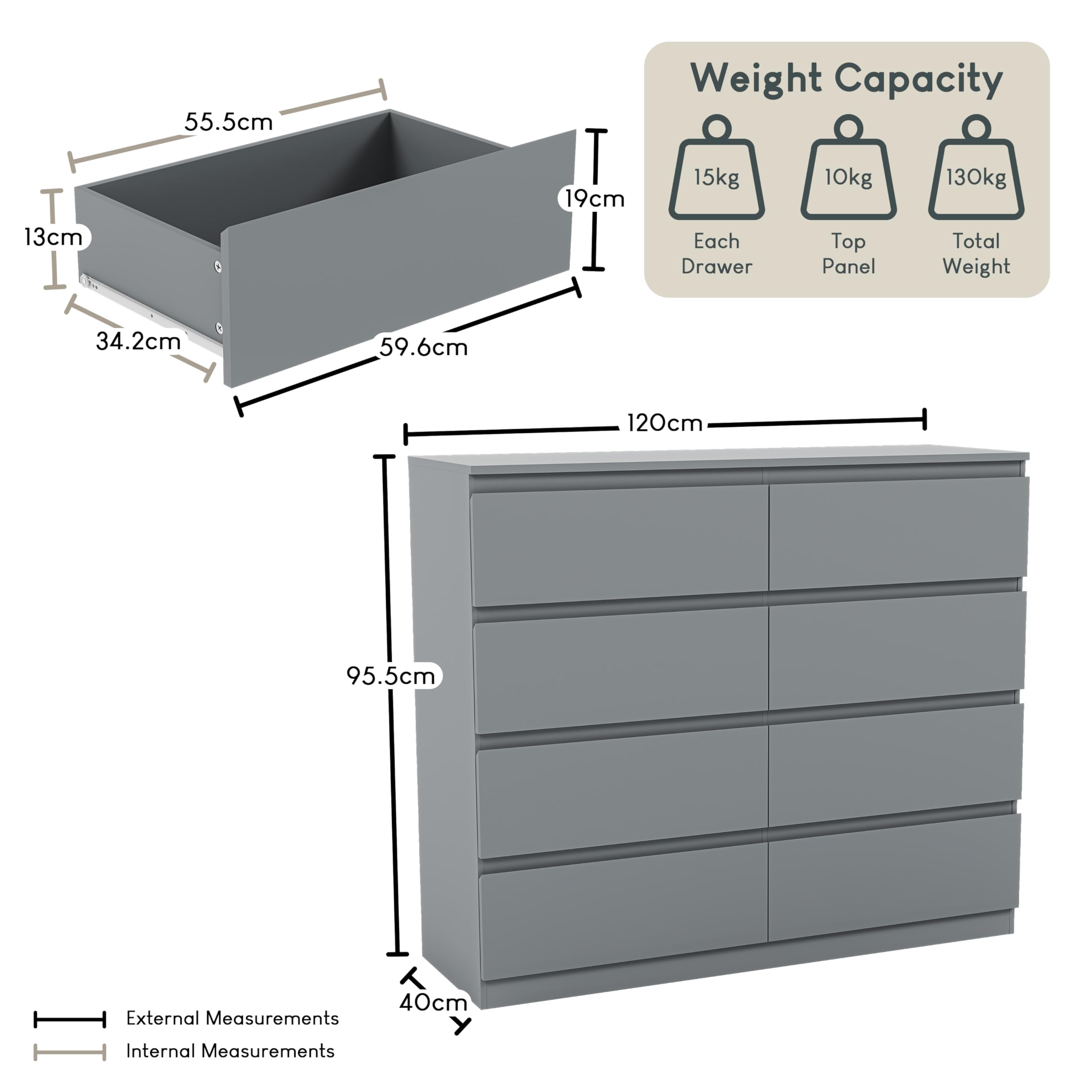 Vida Designs Denver 8 Drawer Chest of Drawers - Grey | 120W x 95.5H cm | Engineered Wood 2
