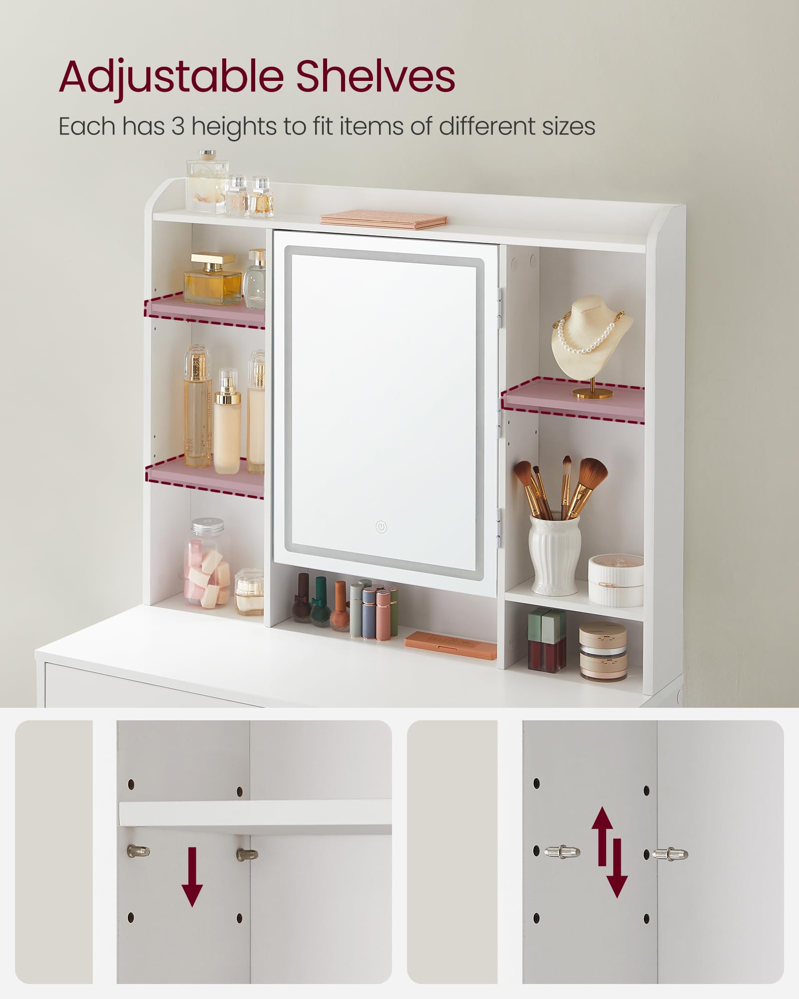 VASAGLE KAILYN Collection Dressing Table with Adjustable LED Lights | White Engineered Wood | 40 x 90 x 144.7 cm 6