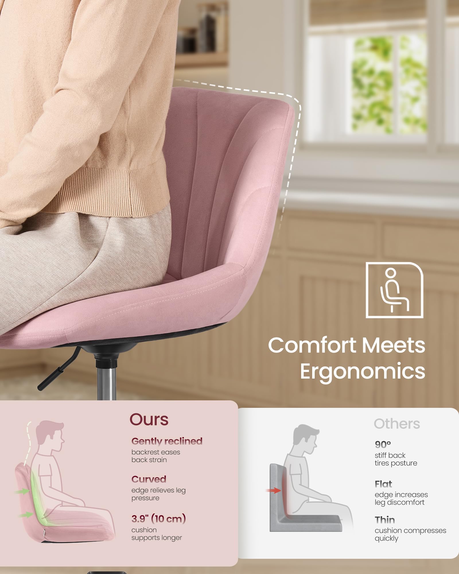 VASAGLE Height Adjustable Swivel Bar Stool with Backrest in Jelly Pink Velvet | 37.5-49.5 cm Height Range 4