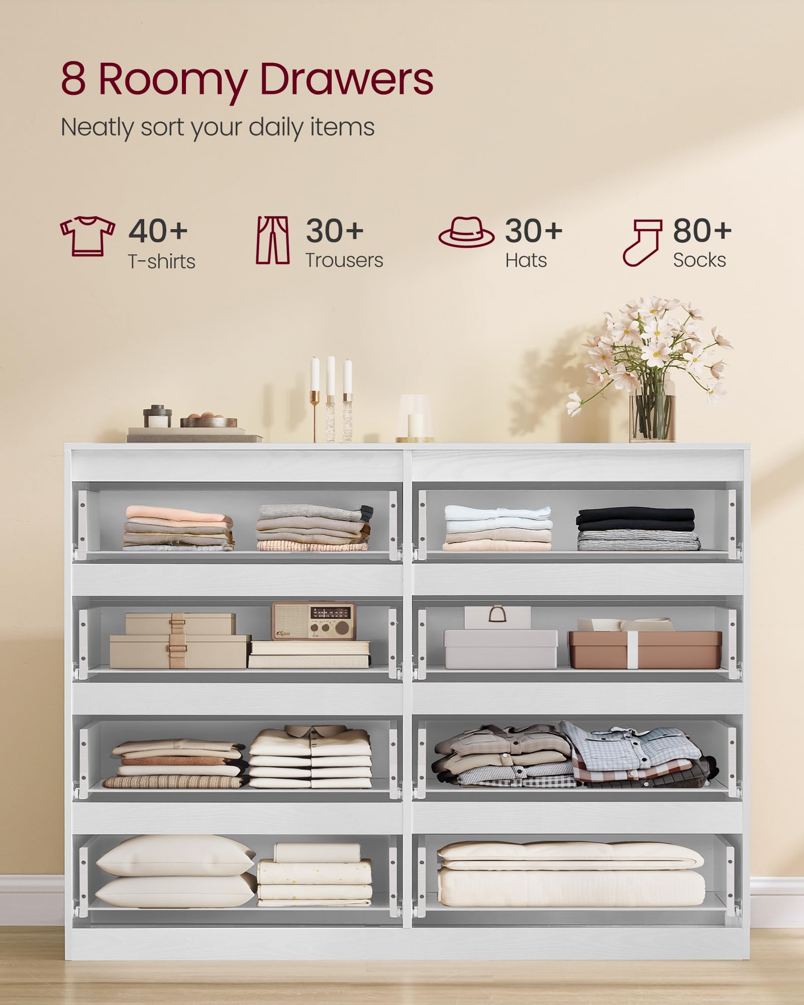 VASAGLE KAILYN Collection Chest of Drawers - 8 Drawers, Snow White | Slim Storage Organizer 4