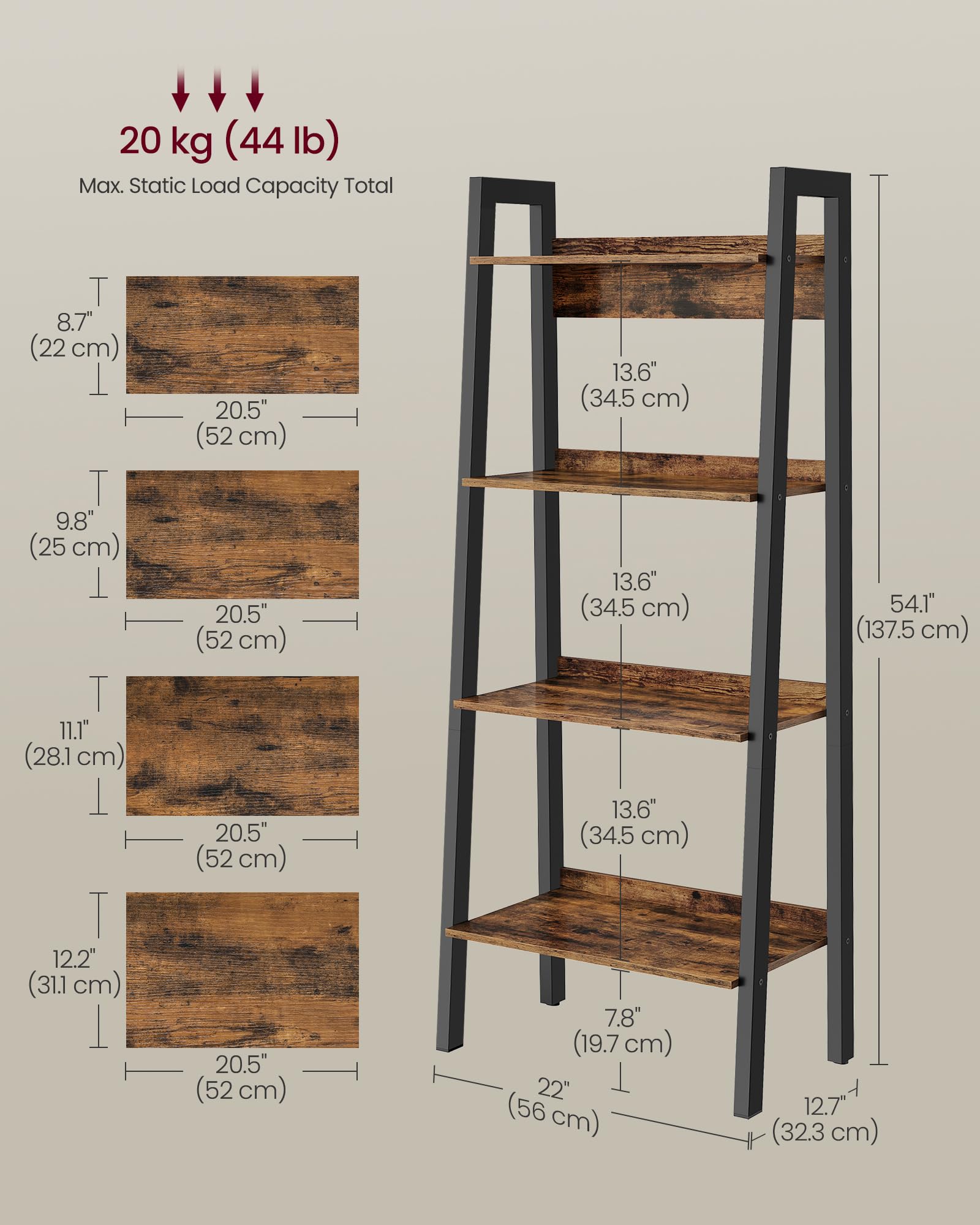 VASAGLE 4-Tier Ladder Shelf - Industrial Bookcase for Home Office, Rustic Brown/Black | 56W x 34D cm 3