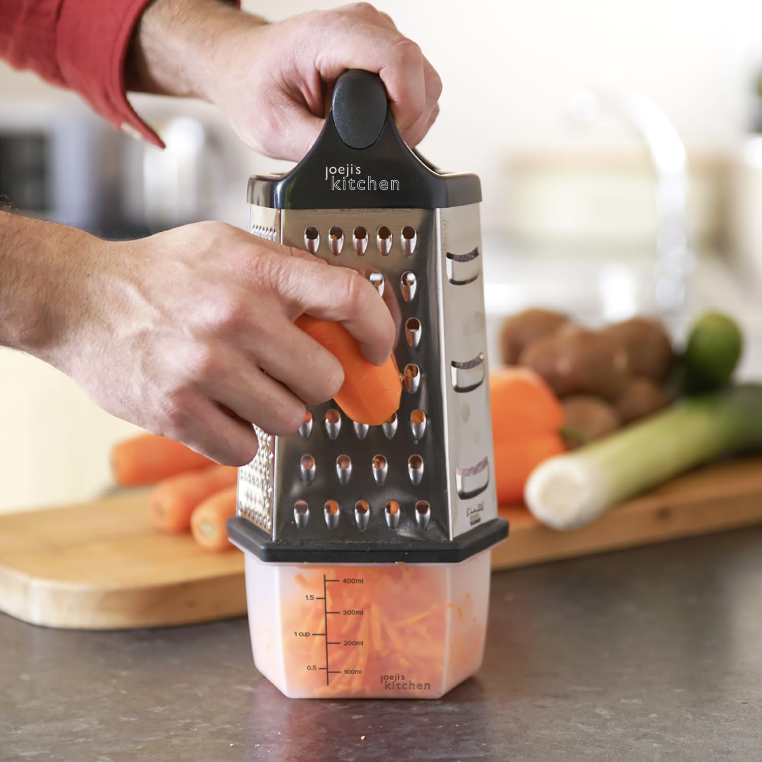 joeji's Kitchen 6-Sided Stainless Steel Cheese Grater with Non-Slip Base and Container 6