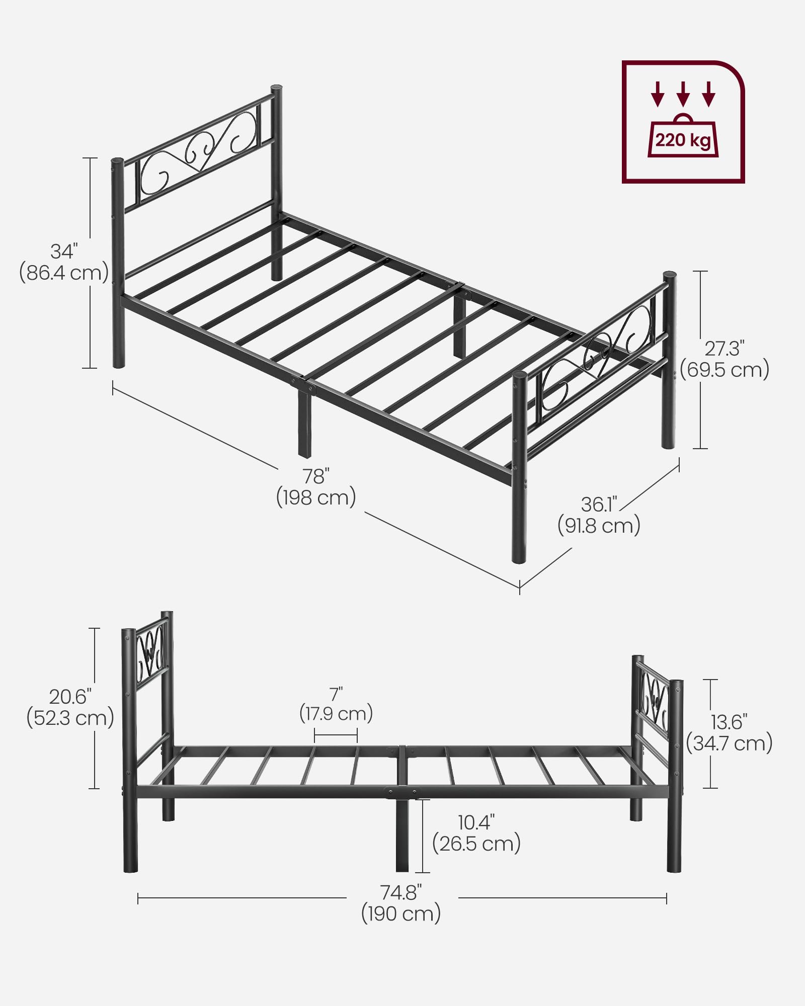 VASAGLE Single Bed Frame - Metal Construction | Fits 90 x 190 cm Mattress | Max Load 150 kg 2