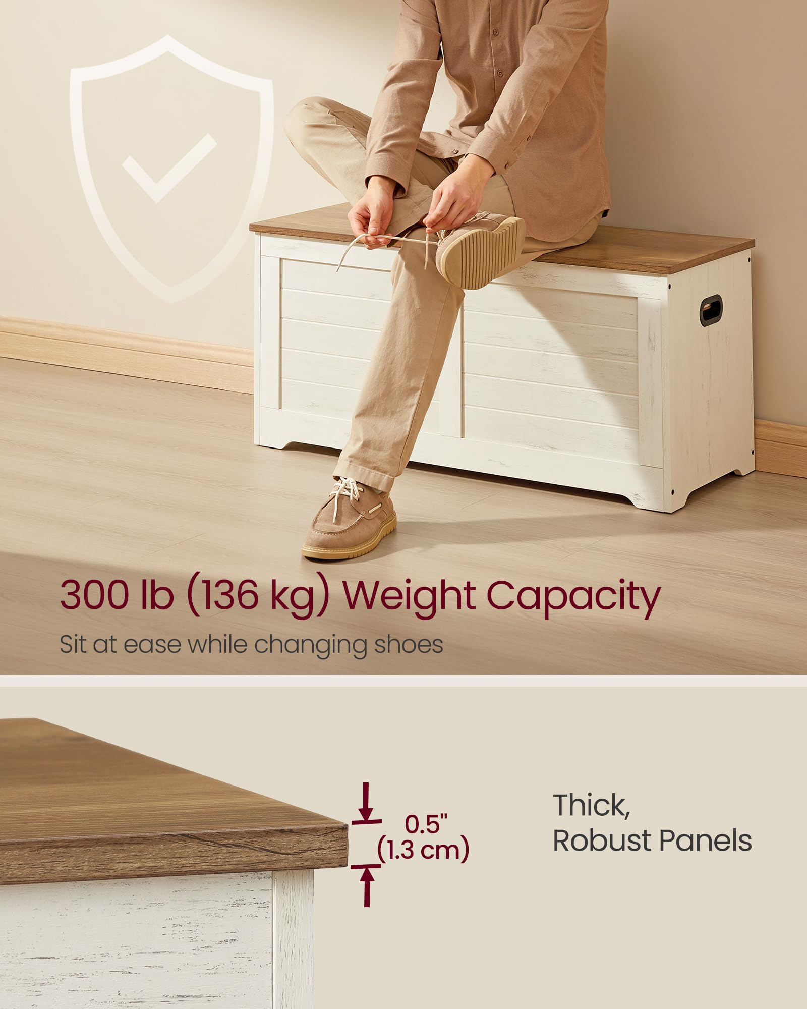 VASAGLE Storage Bench with Lid | Farmhouse Shoe Storage | 100W cm | Rustic White + Honey Brown 5
