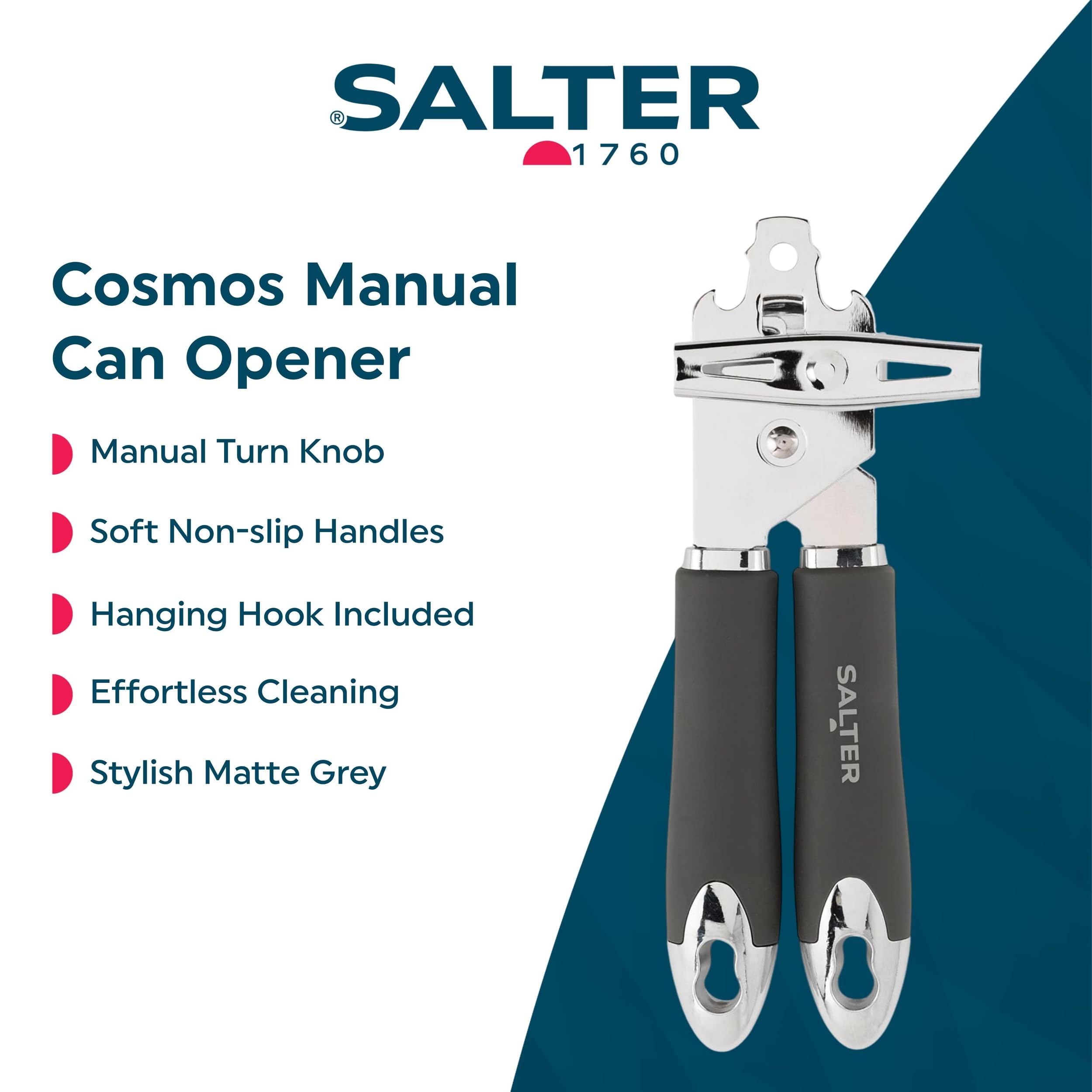 Salter Cosmos Manual Can Opener - Ergonomic Grip | Stainless Steel | Grey