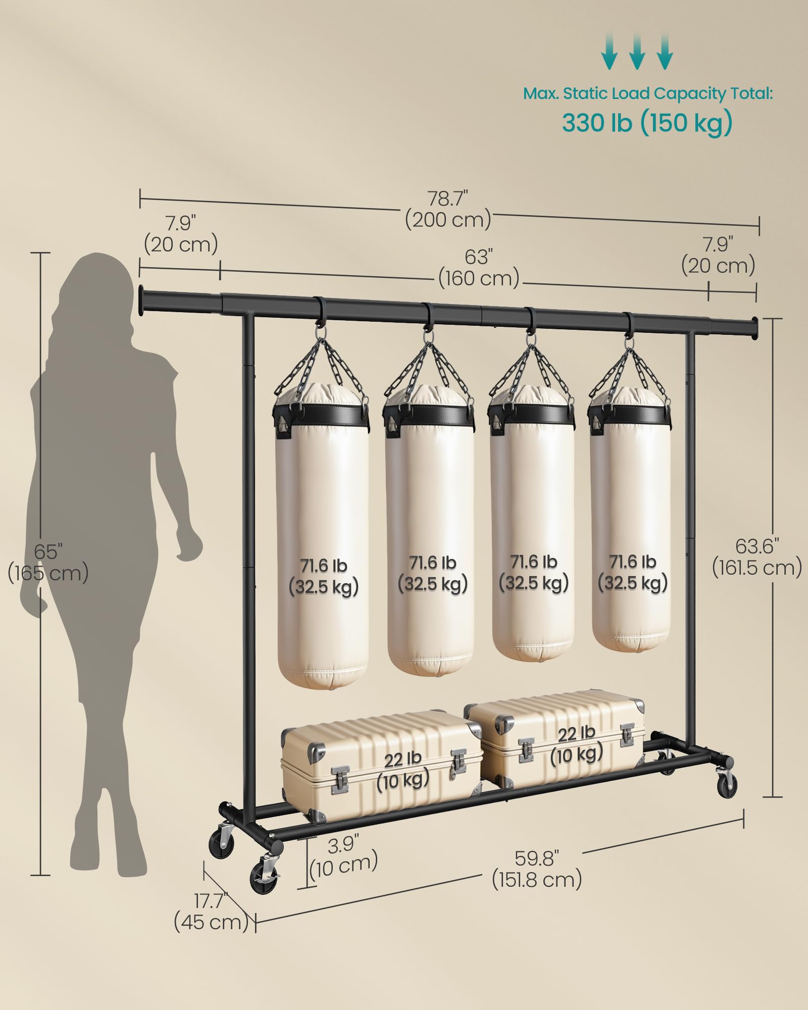 SONGMICS Heavy Duty Clothes Rack on Wheels - Extendable Rail, 150 kg Capacity | Black 7
