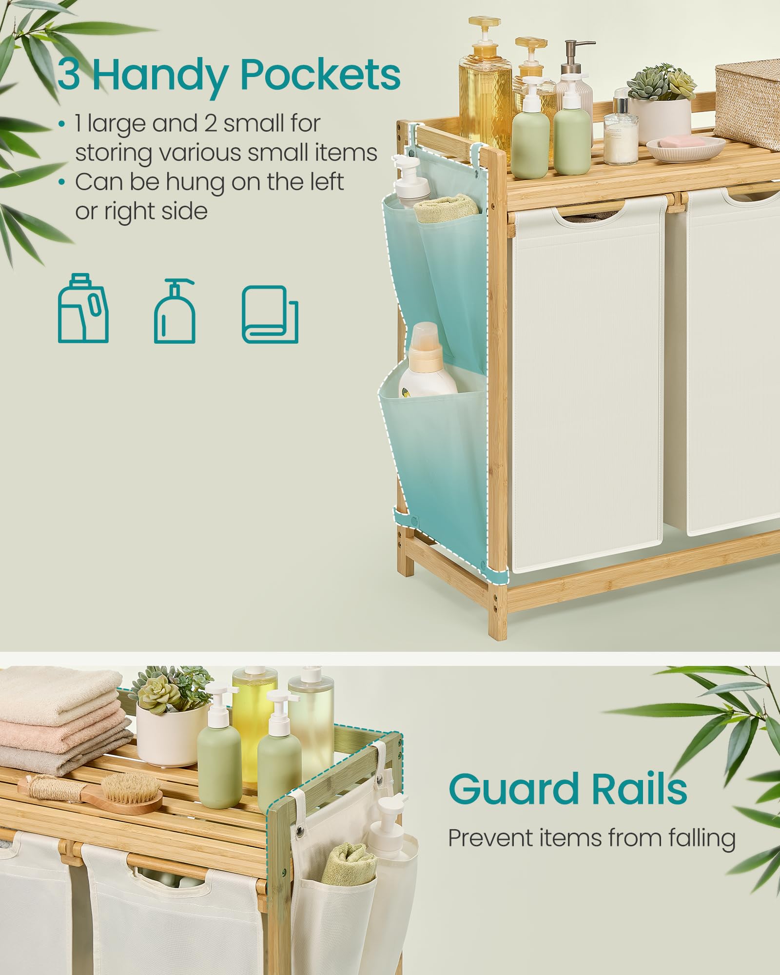 SONGMICS Laundry Basket with 3 Compartments | 150 L Capacity | Bamboo Frame | Cream White 5