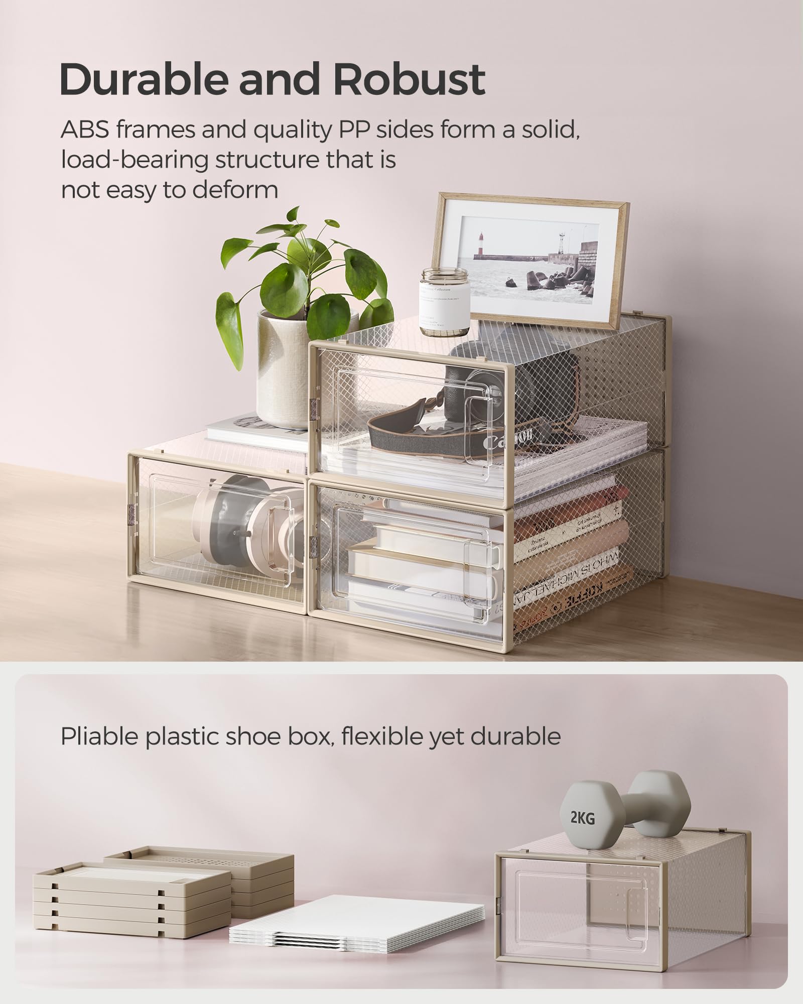 SONGMICS Shoe Boxes - Pack of 18 Stackable Organisers, Foldable, Transparent Body | Fits UK Size 9.5 5