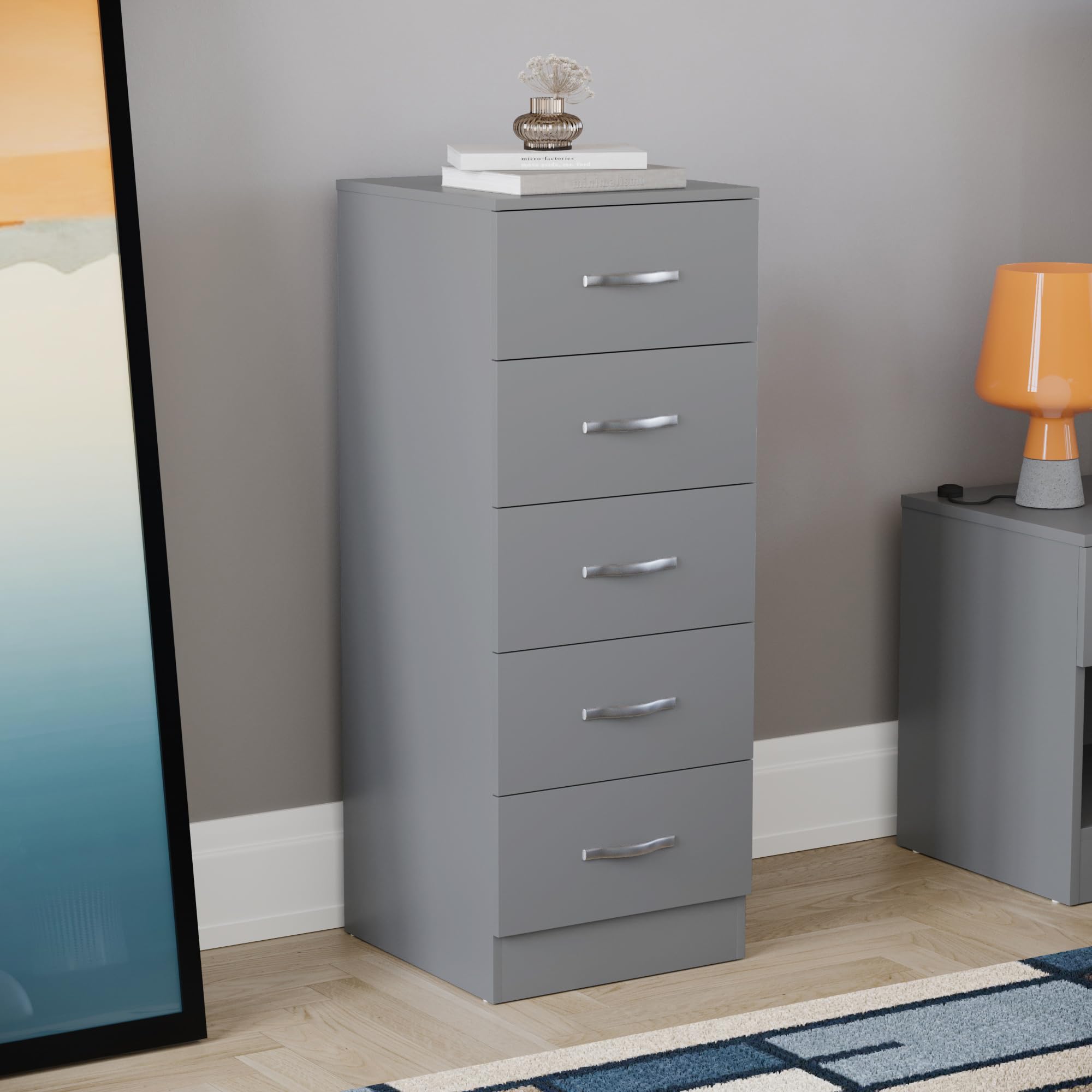 Vida Designs Riano 5 Drawer Narrow Chest - Engineered Wood Storage | Grey | 34.5W x 90H cm 1