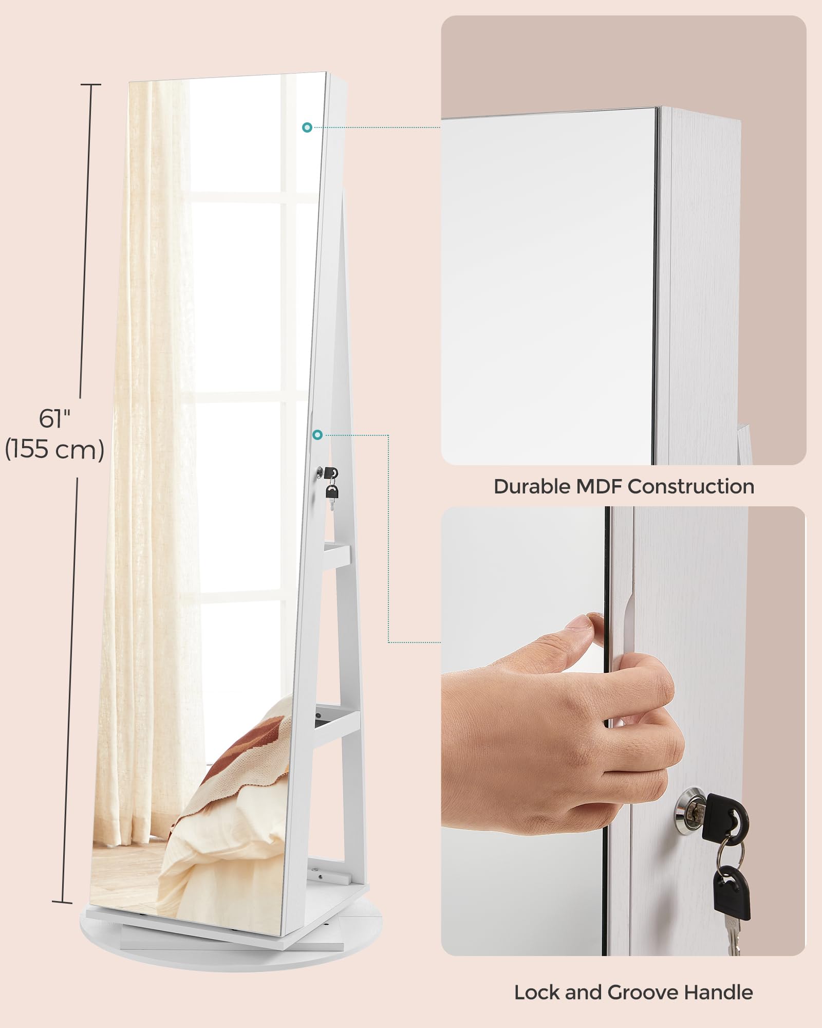 SONGMICS 6 LED Mirror Jewellery Cabinet - 360° Swivel, Lockable, Full-Length Mirror | White/Black 9