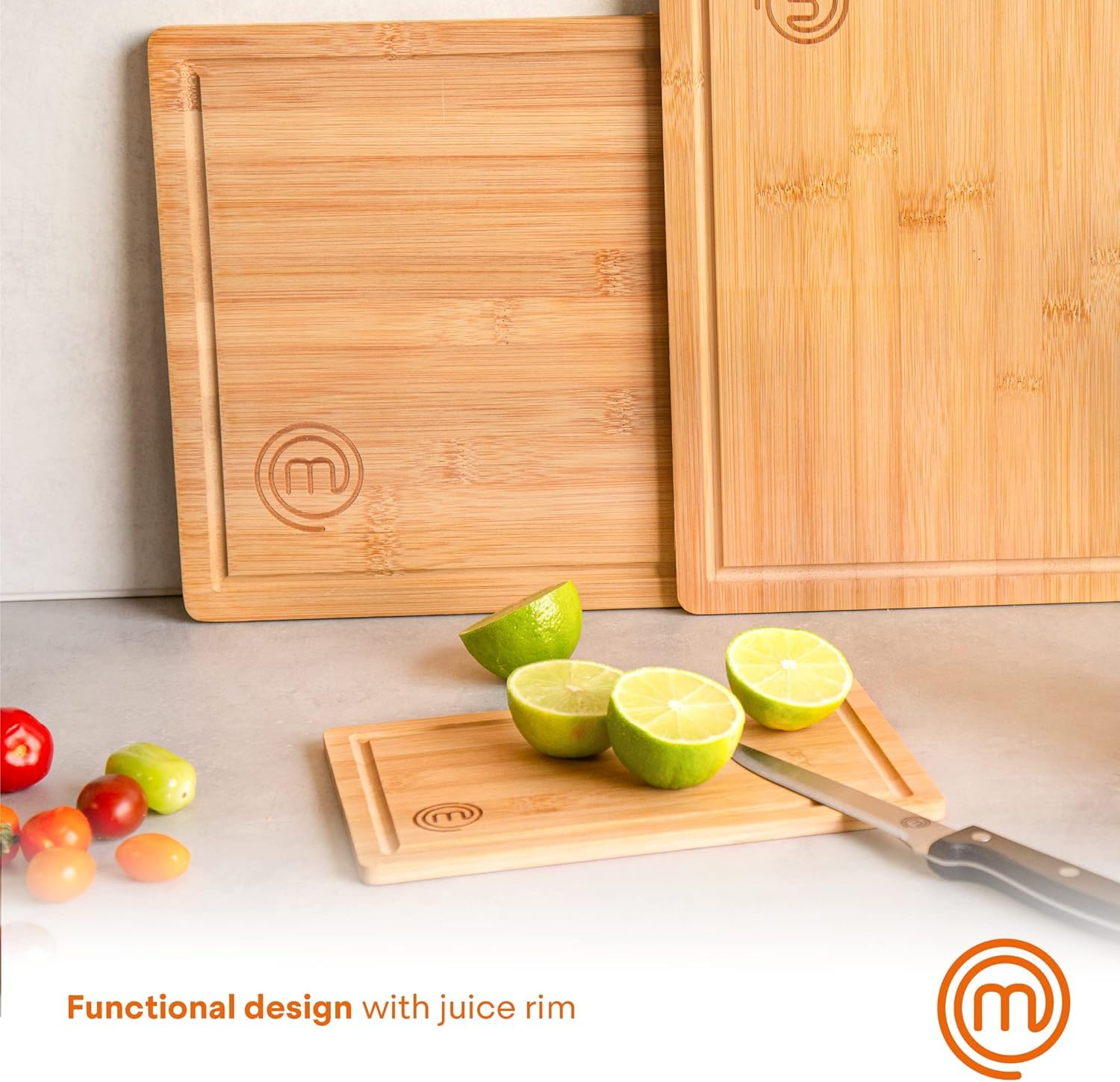 MasterChef Wooden Chopping Board Set of 3, Bamboo Cutting Boards | Includes Knife | 15in Max Size 4