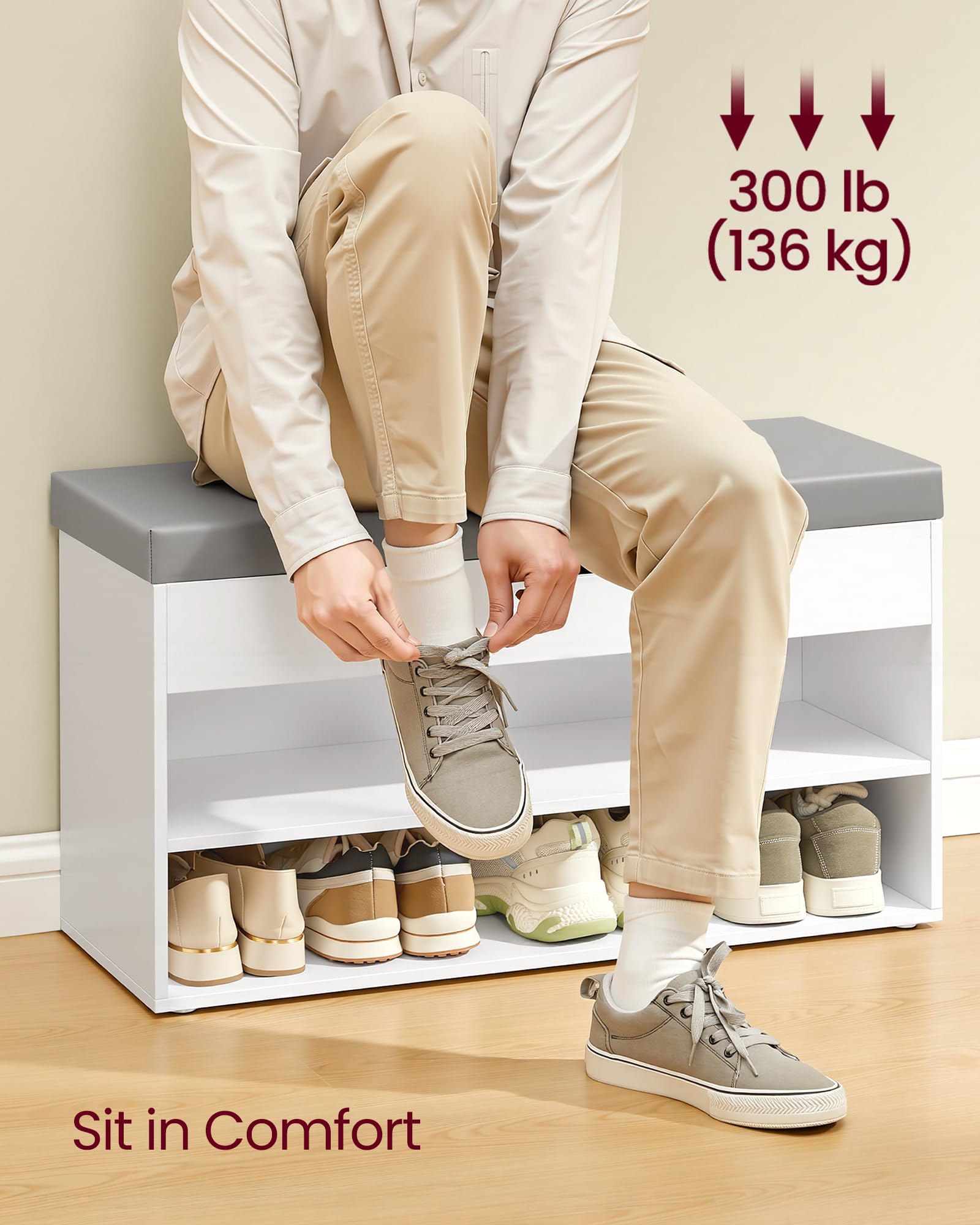 VASAGLE Shoe Storage Bench with Padded Cushion | 80 x 30 x 44 cm | Cloud White + Dove Grey 6