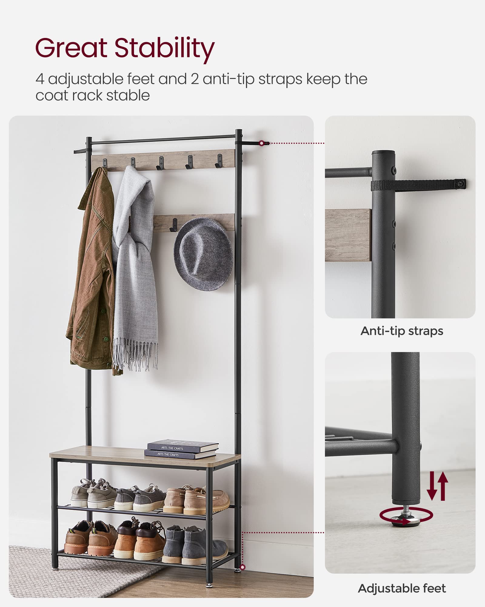 VASAGLE 3-in-1 Coat Stand with Shoe Rack and Bench | Grey + Black | 175cm Height 5