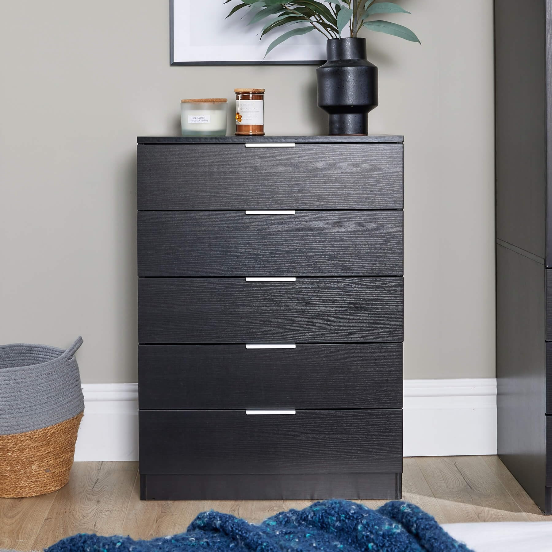 Home Source Phoenix Tall 5 Drawer Chest of Drawers - Black | 90H x 63W x 35D cm 5